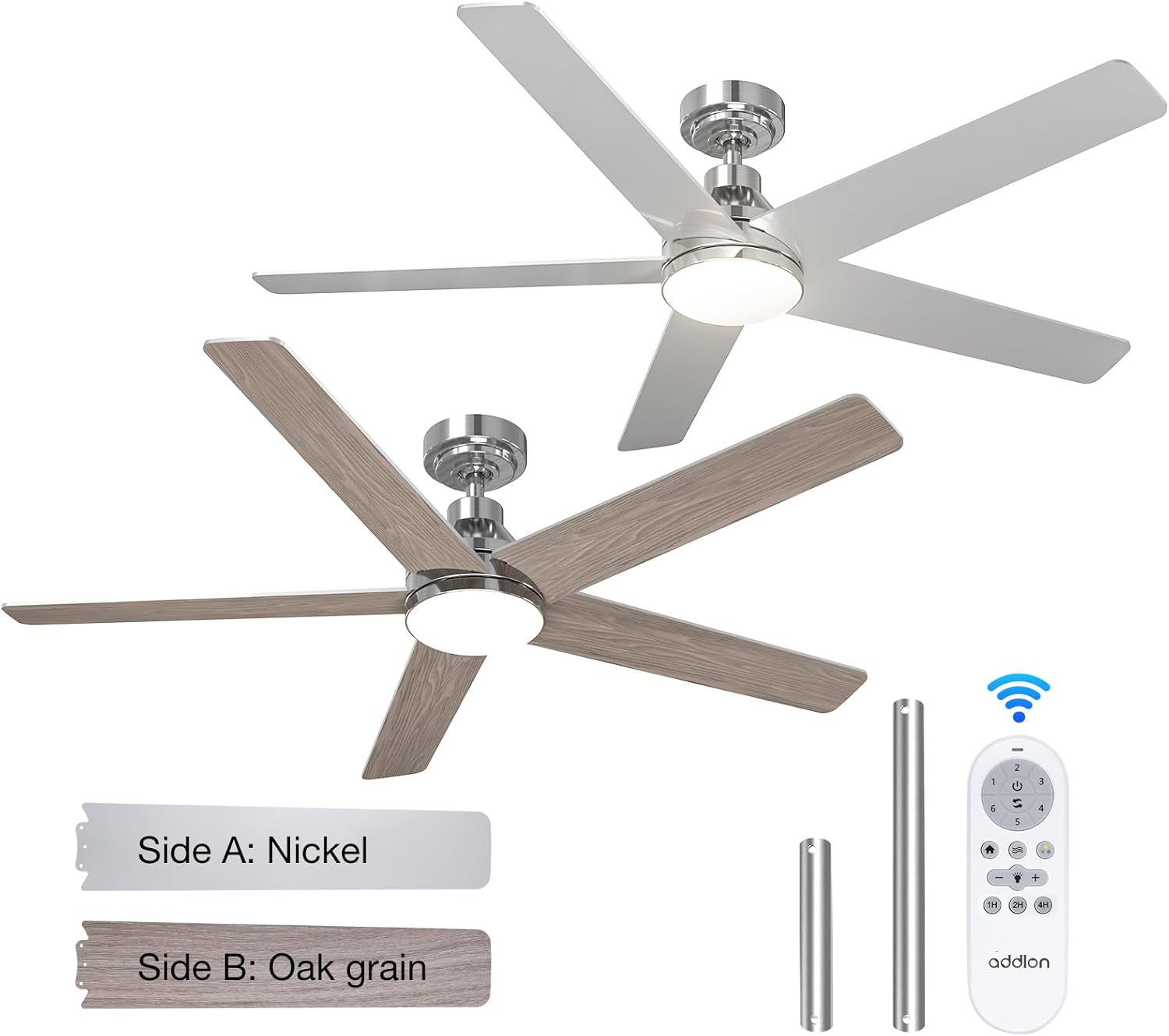 addlon 2 Pack Ceiling Fans with Lights, 52 inch Nickel Ceiling Fan with Light and Remote Control, Reversible, 3CCT, Dimmable, Noiseless, Ceiling Fan for Bedroom, Farmhouse, Indoor/Outdoor Use Nickel Downrod Mount
