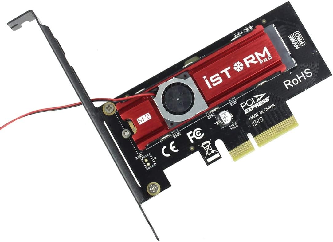 Assembled JEYI SK4 NVMe PCI-E Adapter with Warship iStorm Cooler, ready for installation into a PCIe slot.