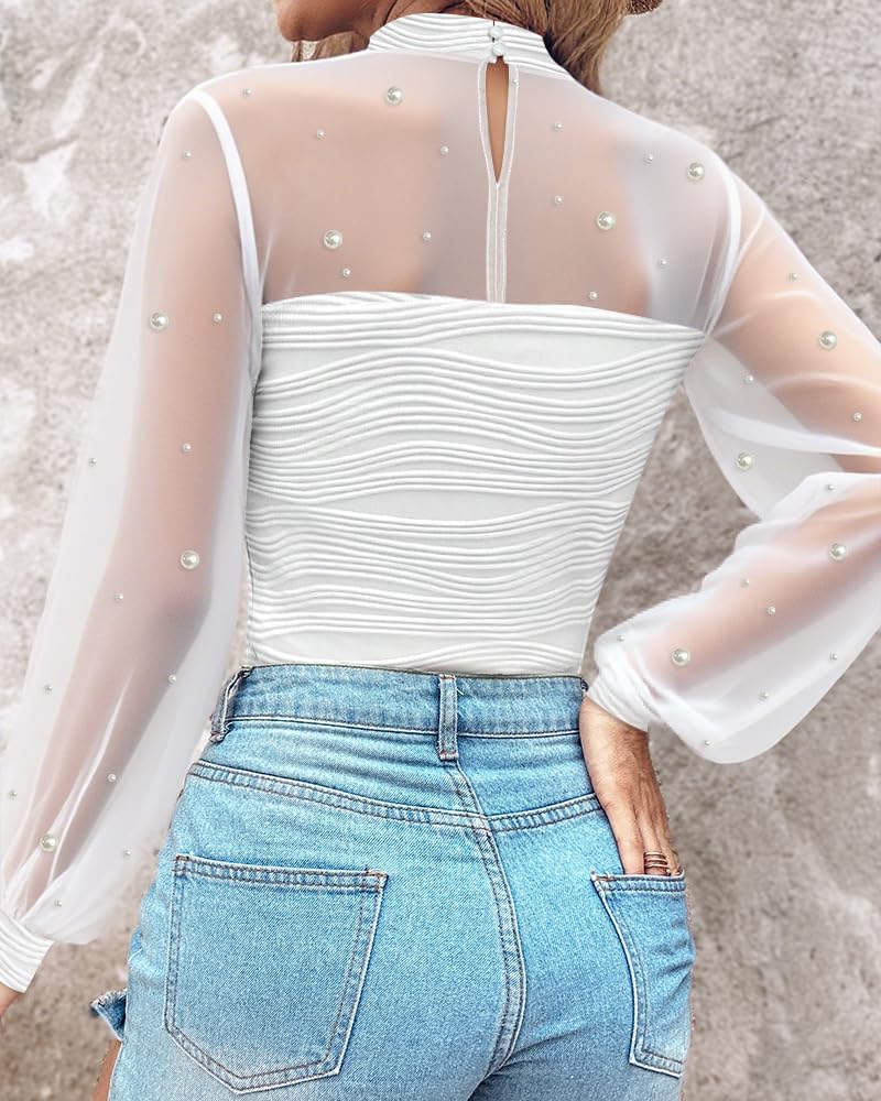 Women‘s Pearls Decor Long Sleeve Blouse Mesh Spliced Textured Shirt Going Out Top - Image 2