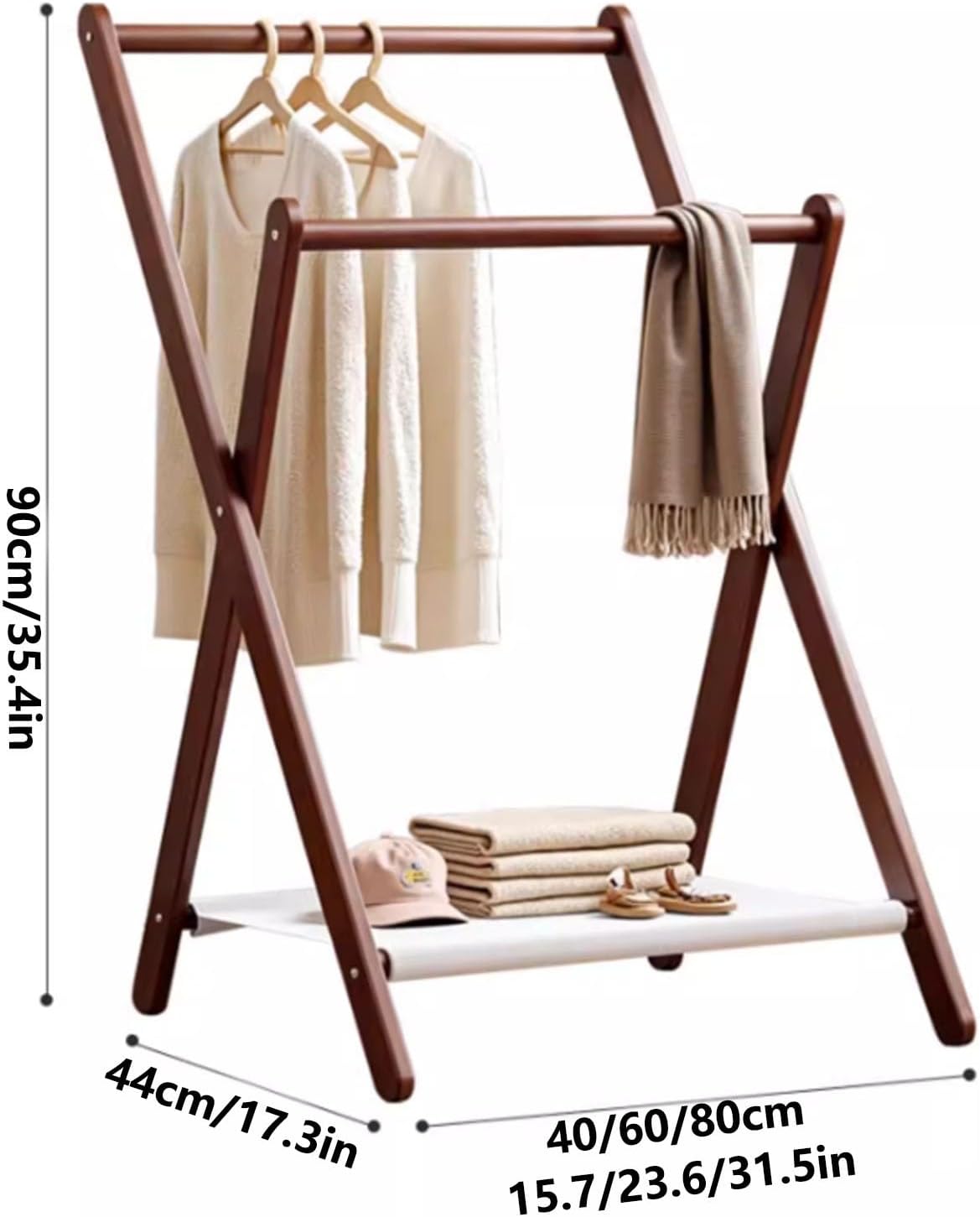 Solid Wood Clothing Rack | Foldable Design with Storage Shelf | Sturdy Floor Standing Garment Rack for Bedroom & Entryway | Easy Assembly Portable Closet Organizer(Natural,40cm/15.7in)