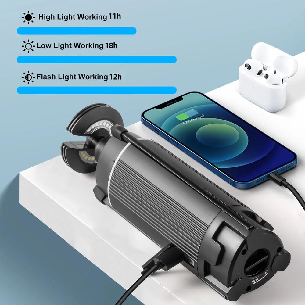Linterna de camping LED telescópica, luz de camping portátil recargable USB, 3 modos de iluminación linterna LED fuerte al aire libre, luz de trabajo LED 10800 mah con soporte, para acampar al aire li