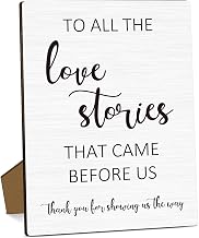 Love Stories Wooden Sign with Stand, 8 x 11 Inch Table Sign For Reception, Wedding/Bridal Shower Table Decor Supplies, Engagement Party Decorations