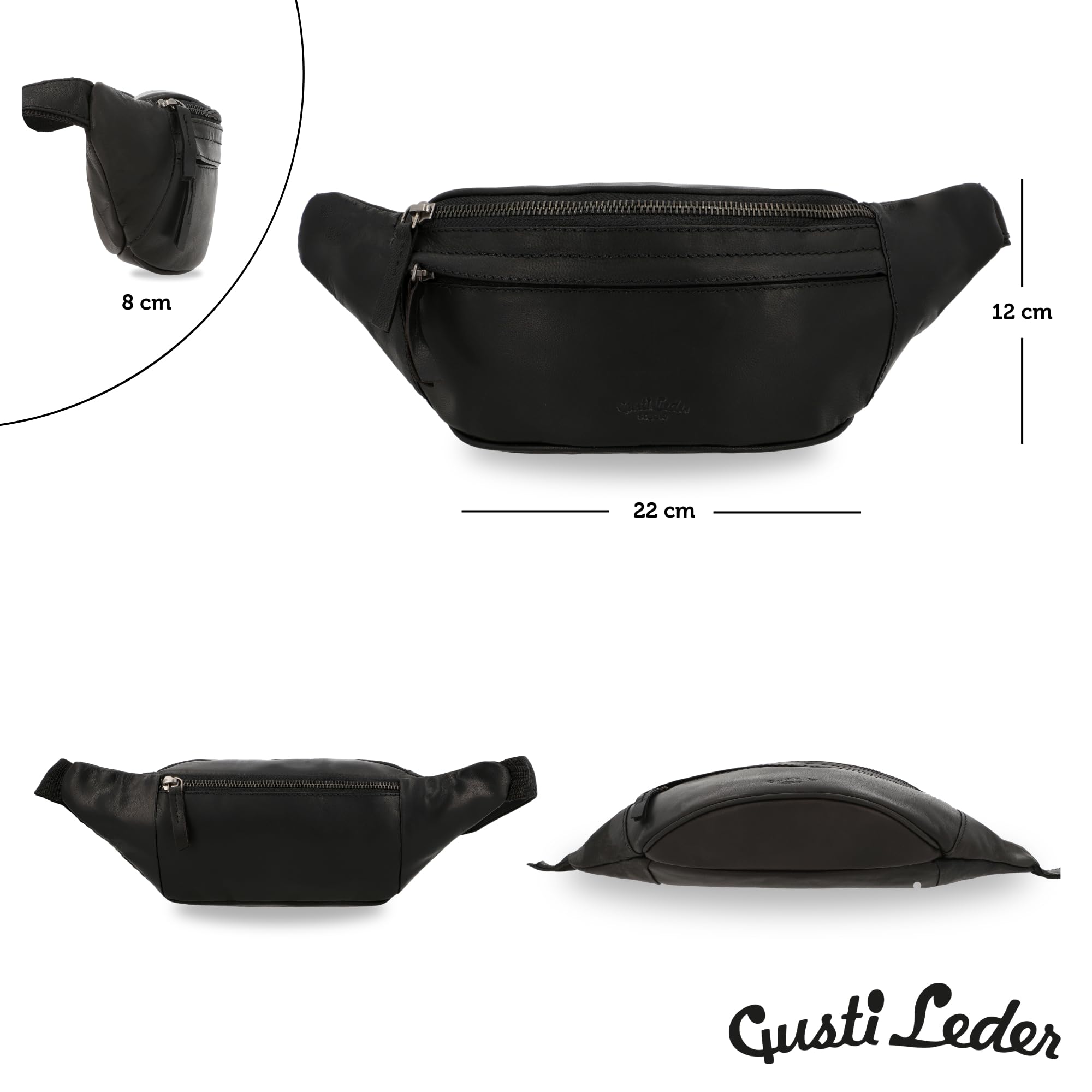 Gusti Bauchtasche Leder Schwarz – Hochwertige Gürteltasche Damen Herren, Verstellbarer Gurt, Viel Stauraum, Unisex Crossbody Bag, Bauchtasche Leder Schwarz Echtleder
