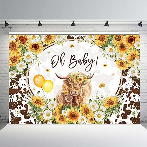 MEHOFOND 7x5ft Highland Cows Baby Shower Backdrop Brown Cattles Oh Baby Girls Baby Shower Party Decorations Sunflowers Farm Cow Photography Background for Girls Cake Table Banner Supplies