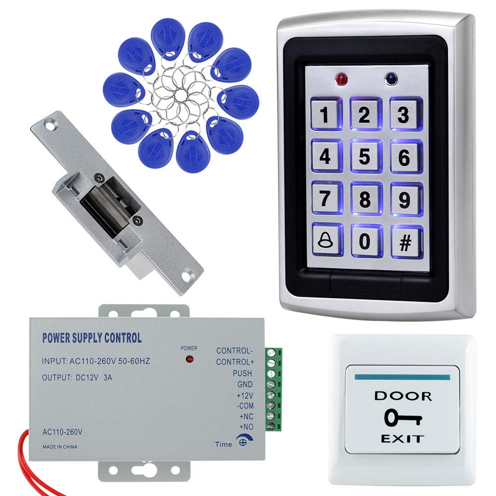 Full Home Access Control System Kit Set Metal Controller 1000 Users Keypad +DC 12V NC Electric Lock+12V 3A Power Supply+ Door Exit Button + 10pcs RFID Blue 125KHz Keyfobs