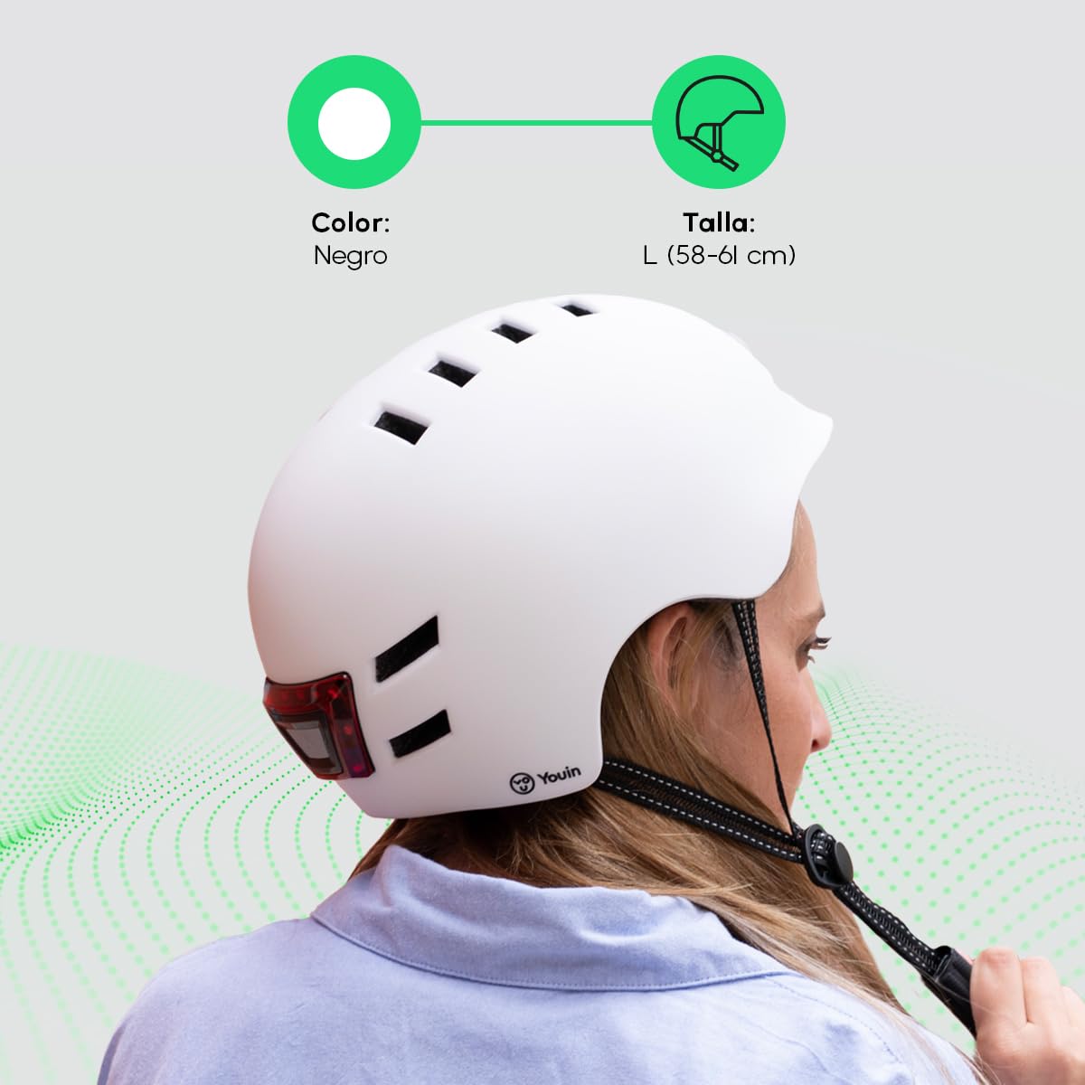 Youin Casco Homologado con LED Frontal y Trasero - Color Blanco - Talla L (55-62cm)- Protección y Visibilidad para Patinetes y Bicicletas - Ventilación Ajustable - Diseño Ligero y Ergonómico