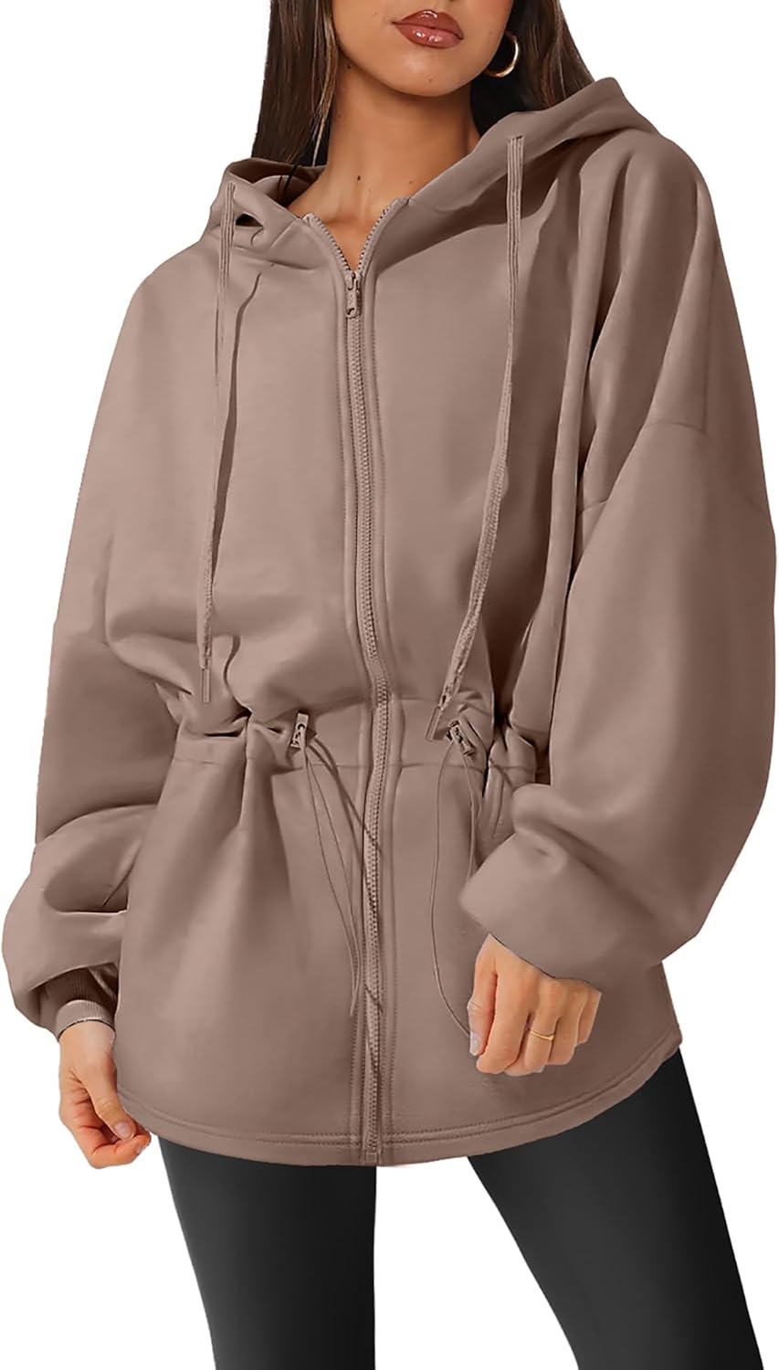 Womens Oversized Hoodies Fleece Zip Up Sweatshirts Drawstring Waist Long Sleeve Sweaters Pullover Fall Outfits