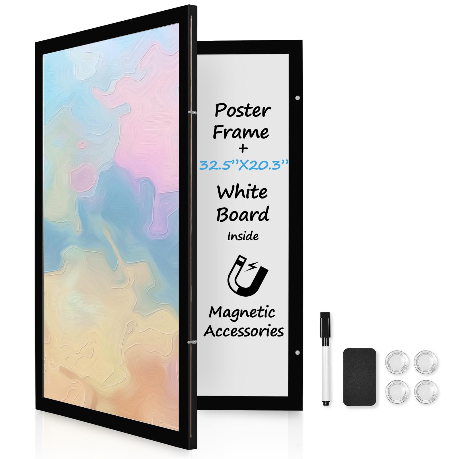 Black Frame Board, Enclosed Whiteboard with Wooden Frame, 20x30in / 50x75cm Poster Frame and Whiteboard, Functional Whiteboard for Office, Home(Poster Not Included)