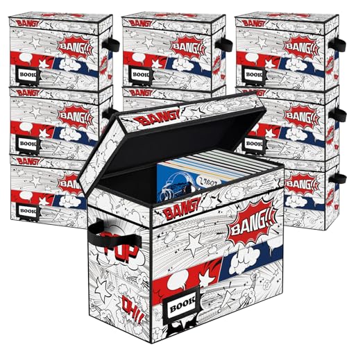Image of 10 Pack Comic Book Storage Box, 15.8 inch X 7.8 inch X 11.8 inch, Heavy Duty Collapsible Holds 160-180 Comic Book Bin Container Holder Shelf (Cartoon Clock)