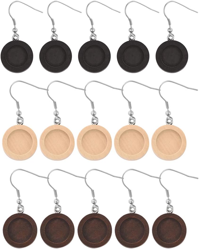 LANBEIDE Earring Wire Hooks for 12mm Cabochon Settings, 20 Pack Stainless Steel Bezel Blanks for Jewelry Making(Gold and Silver) (Mixed-Wood)