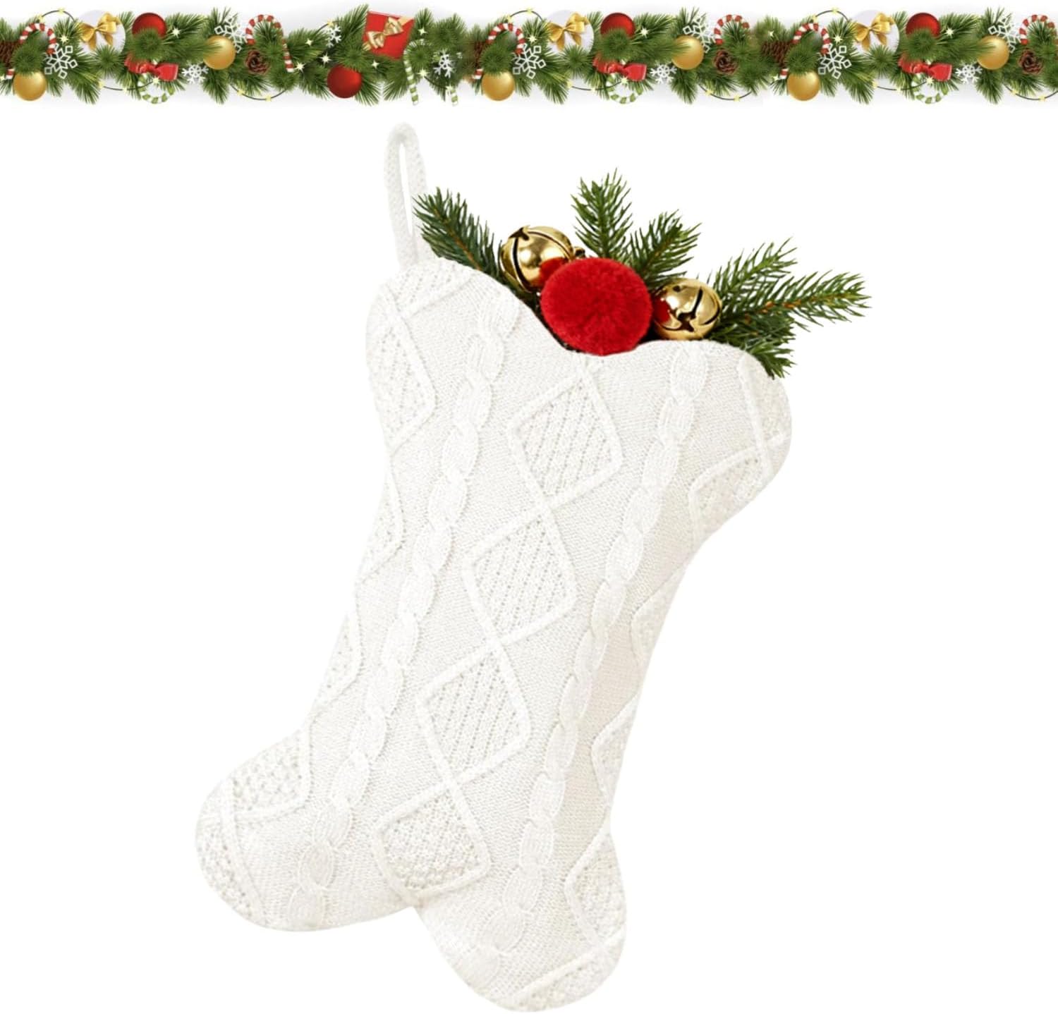 BOVVSKY Personalized Dog Christmas Stocking, Knit White Christmas Stocking for Dogs, Custom Bone Shape Dog Stocking Christmas Hanging Dog Christmas Stocking for Pets