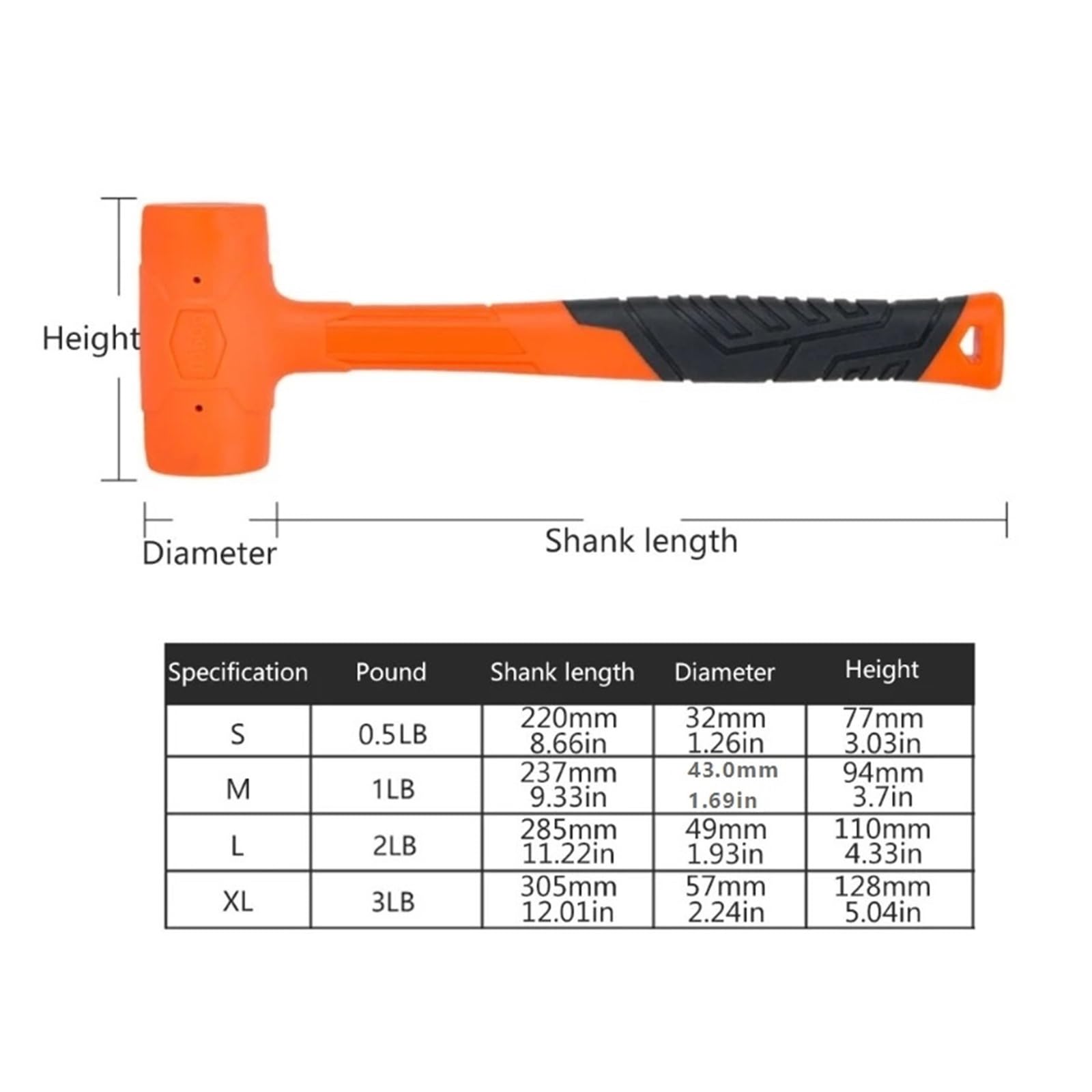 Maillet en caoutchouc de 0,5 à 3lb, outil multifonctionnel, maillet Orange coup mort, souple Pour le travail du bois(Orange-3LB)