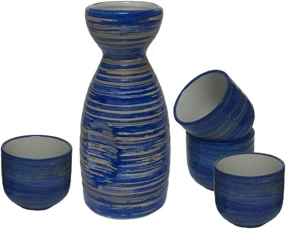 KCHAIN Ceramic Sake Set 1 Piece Sake Bottle 7oz and 4 Piece Sake Cups 1.7oz Sky Blue and Pure White Color
