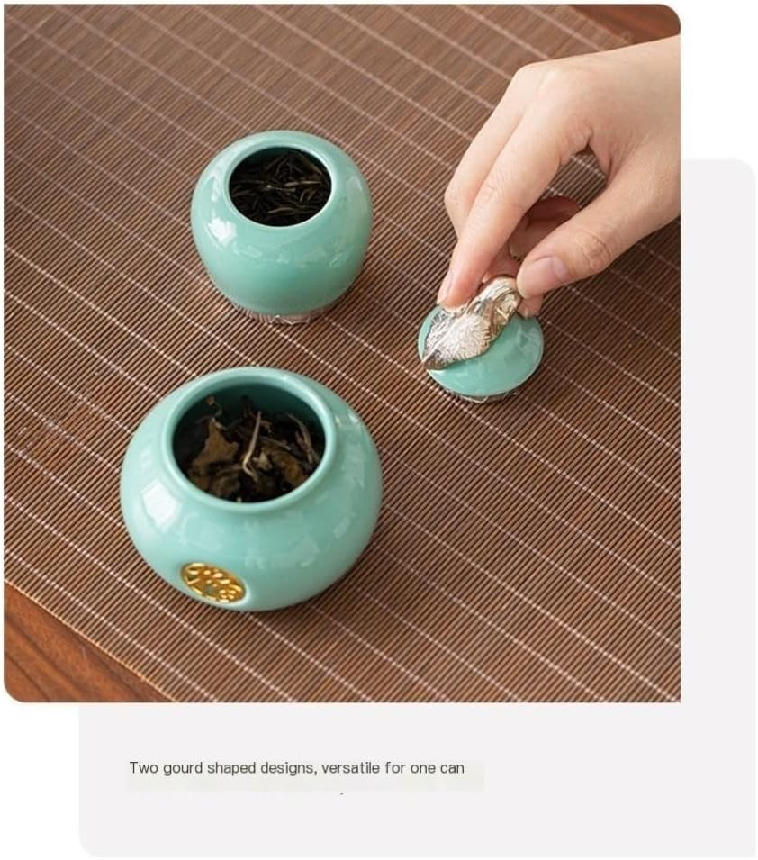 SONGCHAO Sugar Jar Celadon Gourd Tea Storage Jar Office Home Ceramic Sealed Portable Travel Small Creative Box Tea Canister(B)