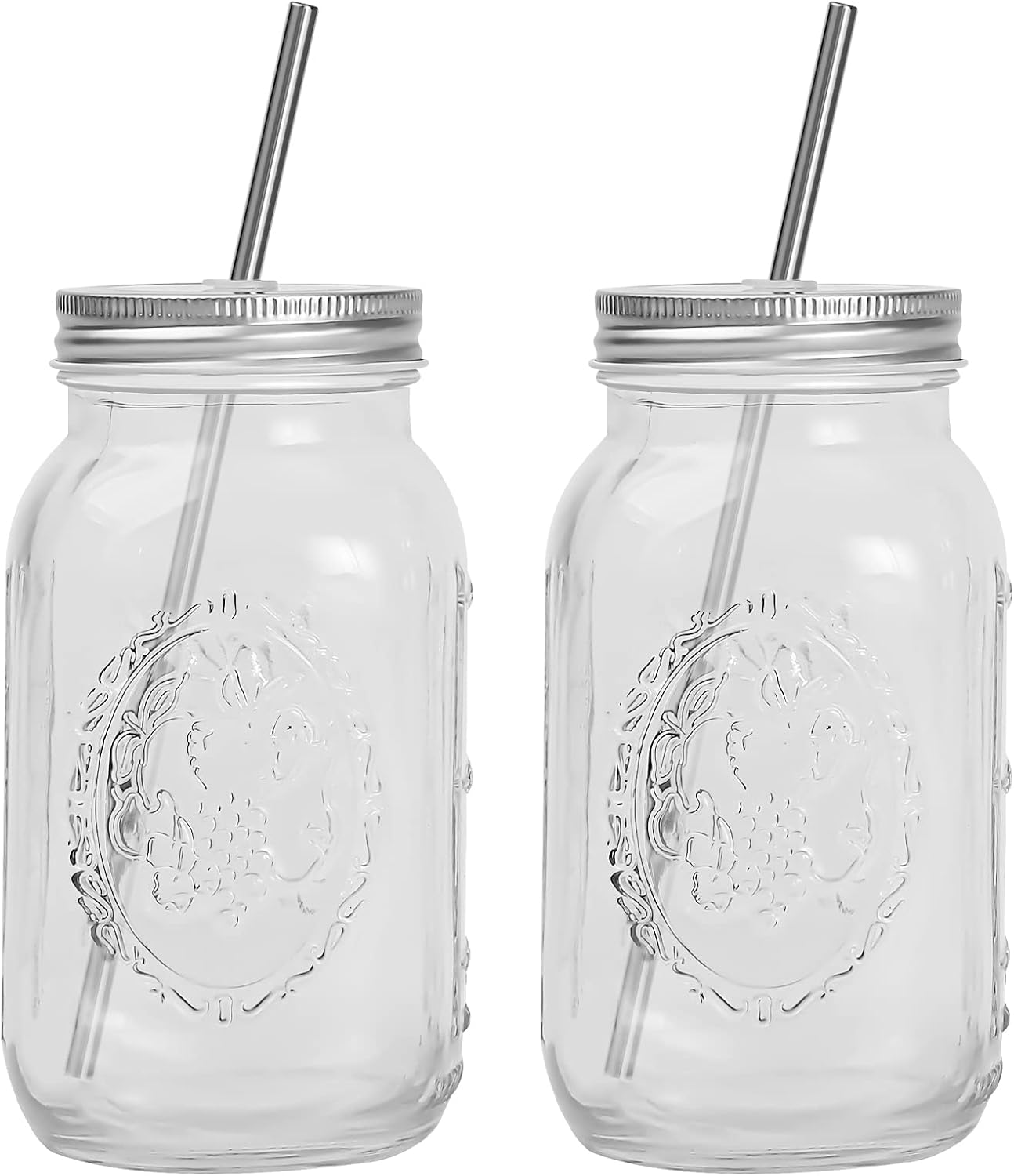 YSJILIDE Smoothie Cups, Glass Mason Drinking Jar, 24oz Smoothie Cups with Lid and Stainless Steel Straw, Drinking Mugs, Tea Cup Travel Mug, Ideal for Juice, Milk (Pack Of 2, Clear)