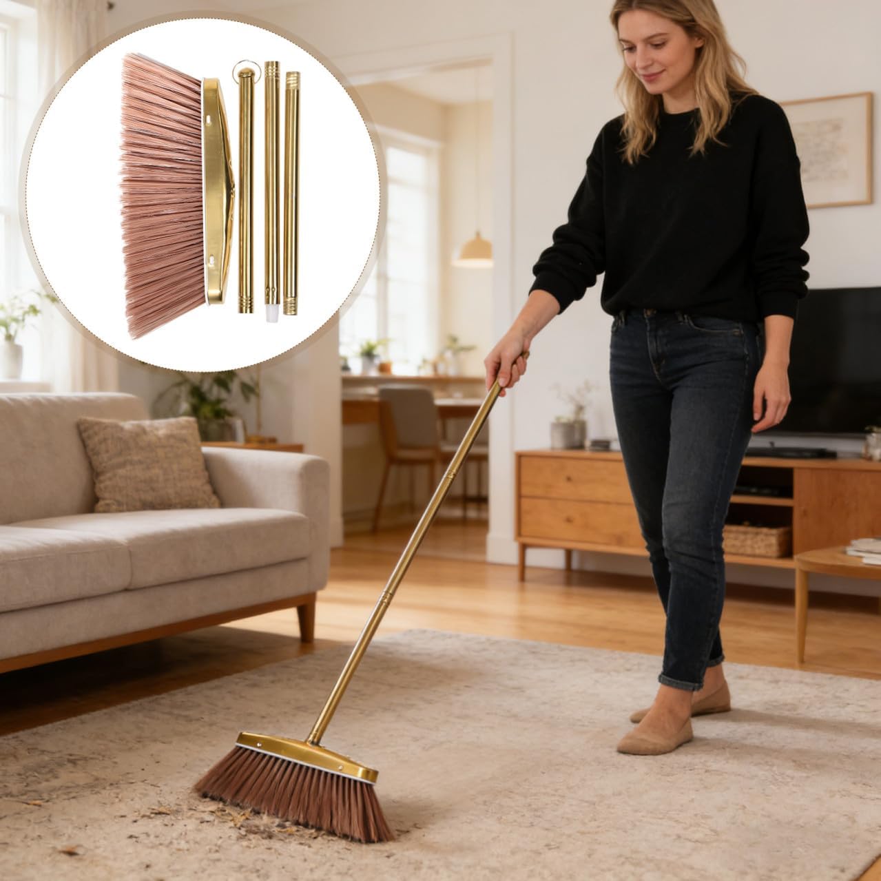 Alasum Heavy Duty with Detachable Handle Broom Gold Stainless Steel Weather Resistant Floor Sweeper for Indoor and Damp Environments Suitable for Kitchen, Patio, and Commercial Use for