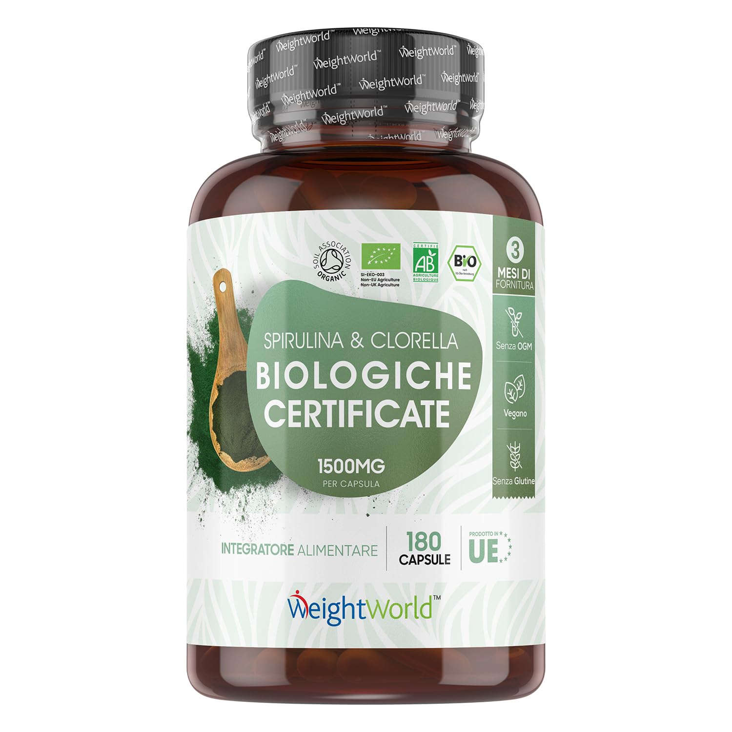 Spirulina E Clorella Bio 1740Mg Alto Dosaggio, 240 Capsule Vegan Spirulina Bio E