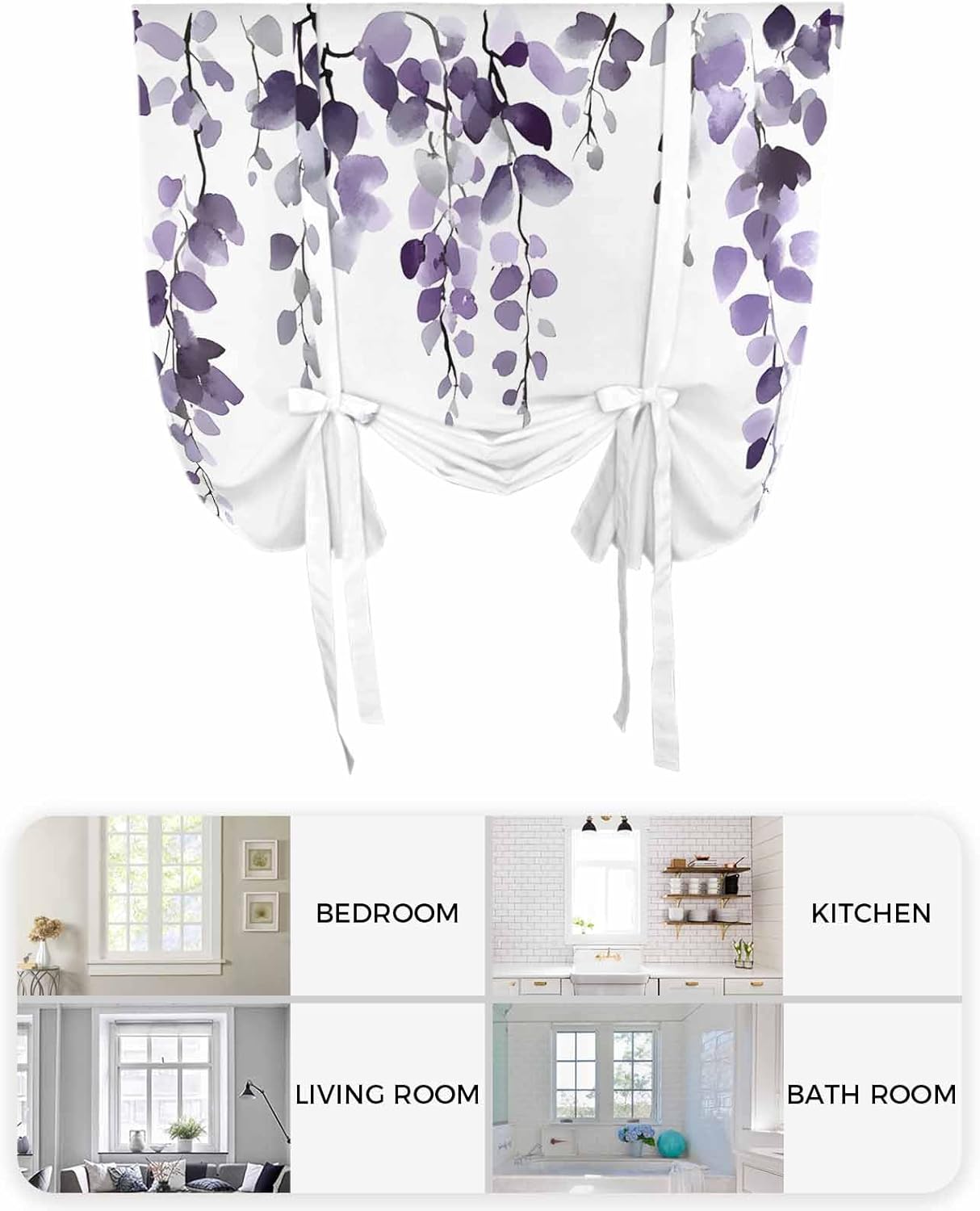 Tie Up Curtains for Windows Watercolor Purple Eucalyptus Leaves Rod Pocket Tie-Up Window Shade Adjustable Balloon Curtain Valance Country Plant for Bedroom Kitchen Bathroom Blinds,52x63in