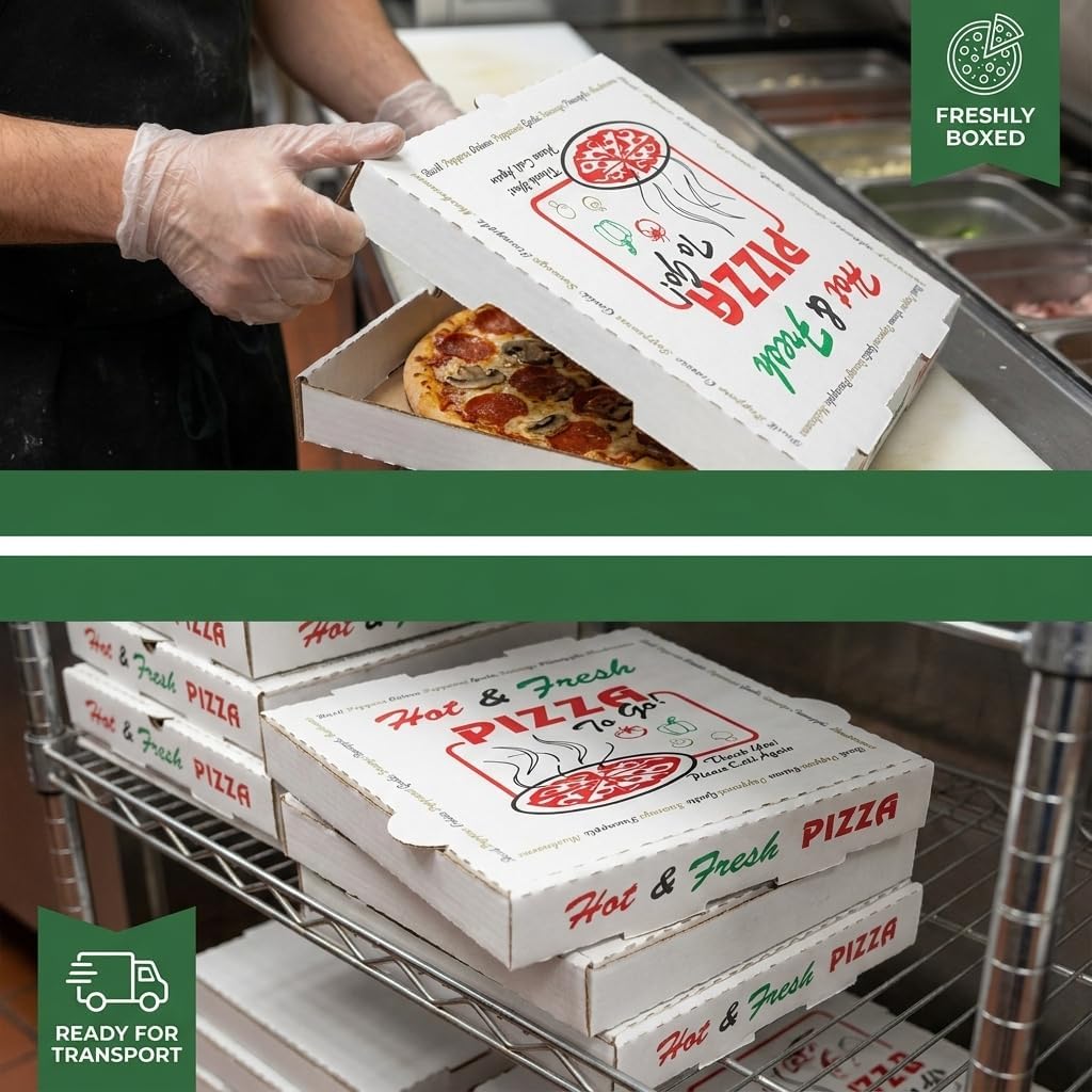 7x7 White Cardboard Pizza Box 50 Pack Commercial 4-Color Print Hot & Fresh for Pizzerias, Bakeries, Catering