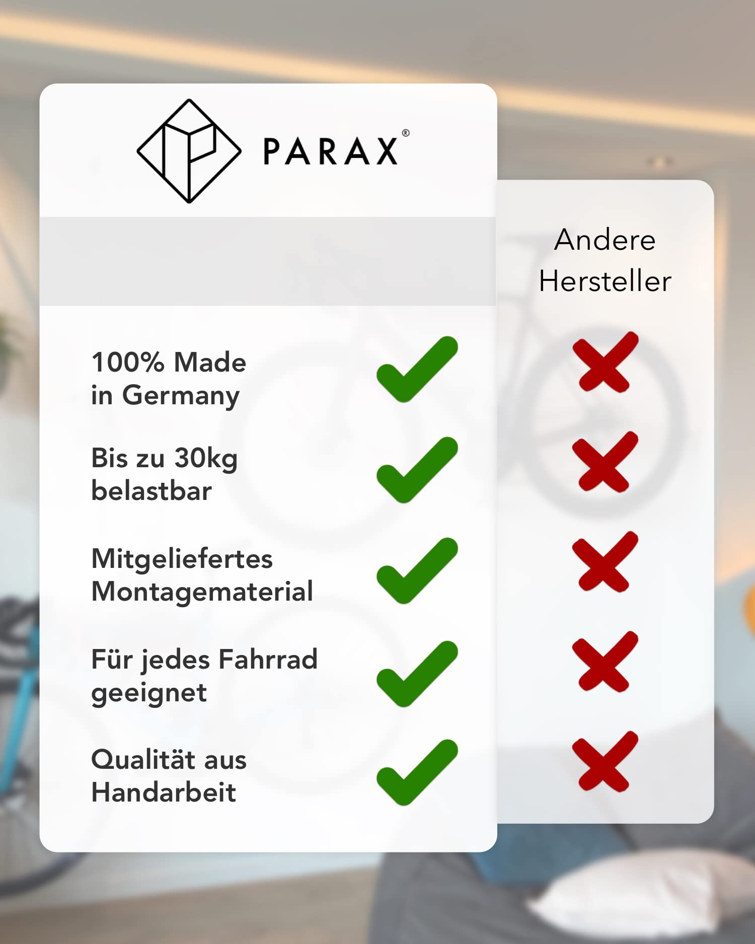 PARAX Fahrrad Wandhalterung U-Rack Holz – Fahrrad Halterung für MTB, E-Bike, Damenrad, Rennrad, Gravel Bike – Fahrradhalter Wand bis 35kg Indoor Aufbewahrung für Garage, Wohnung, Wohnzimmer