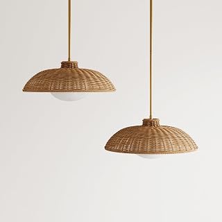 Nathan James Belleville Boho Rattan Pendant Light with Diffuser, Sloped Ceiling Pendant Light with Rattan Shade and Glass Diffuser, Set of 2