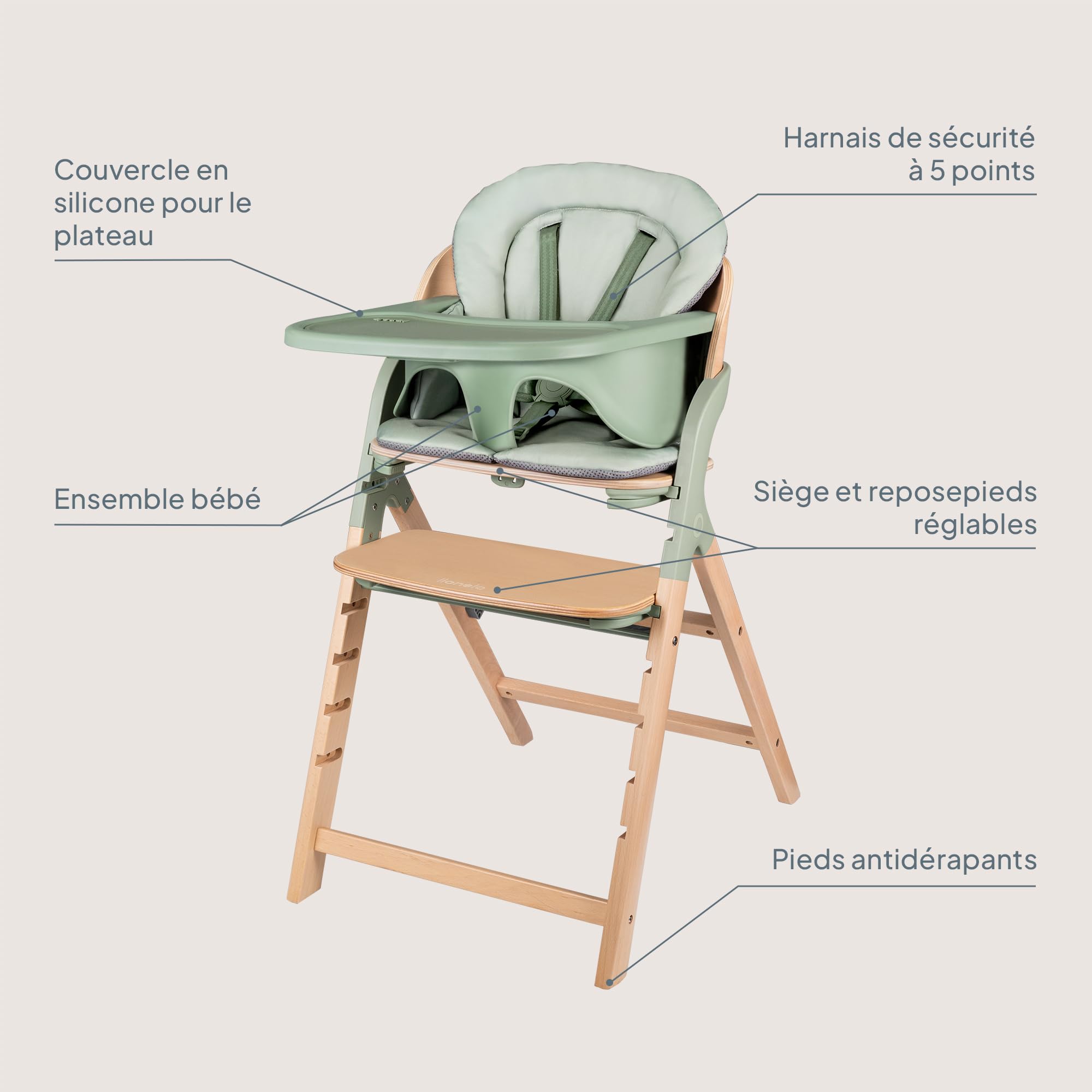 LIONELO Megan – Trona evolutiva de madera para bebé, crece con el niño desde 6 meses hasta 110 kg, reposapiés regulable, arnés 5 puntos, cojín lavable, fácil de limpiar