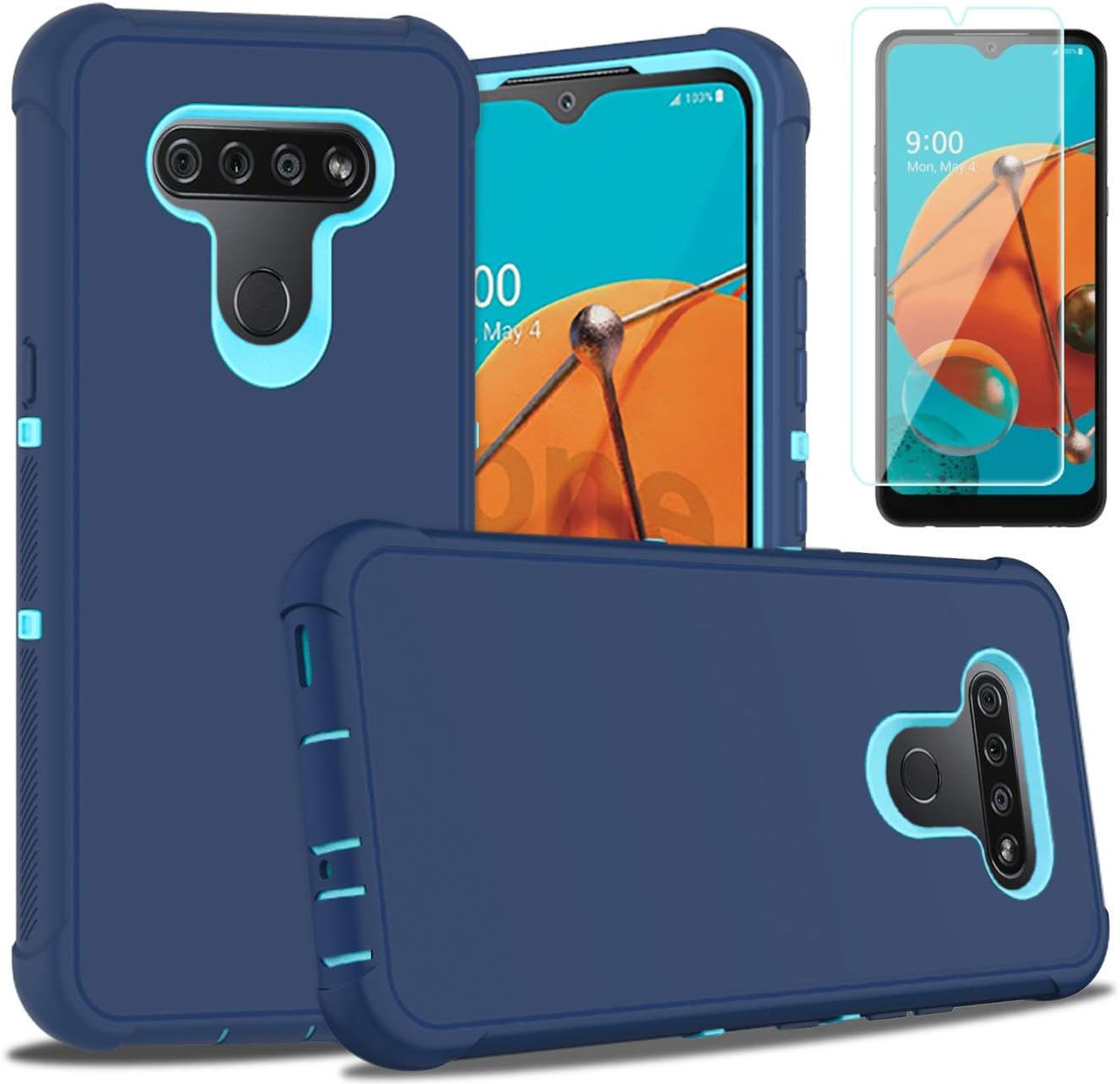 PhuLok LG K51 Case,LG K51 Phone Case,with HD Screen Protector,Heavy Duty Armor Dual Layer Shockproof Sports Anti-Scratches Non-Slip Bumper Rugged Case for LG K51 (Deep Blue/Sky Blue)