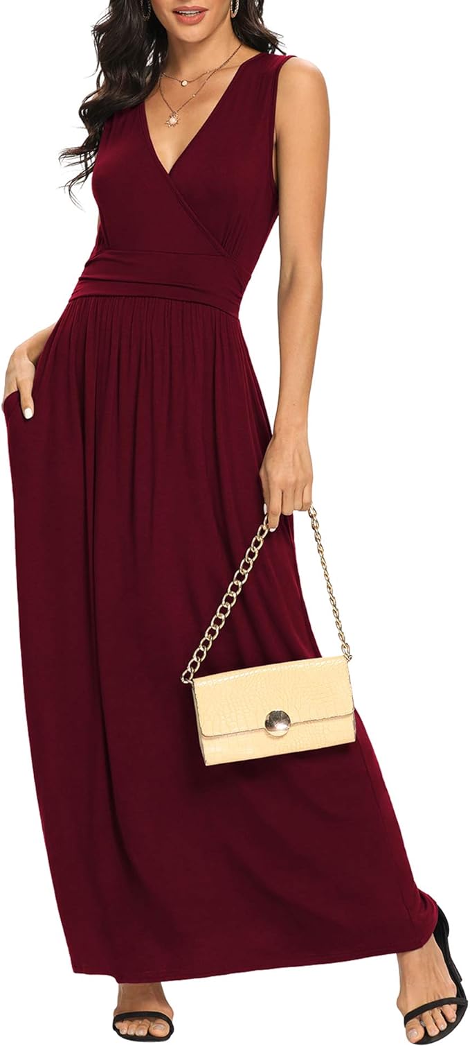 LILBETTER Women Sleeveless Deep V Neck Loose Plain Long Maxi Casual Dress