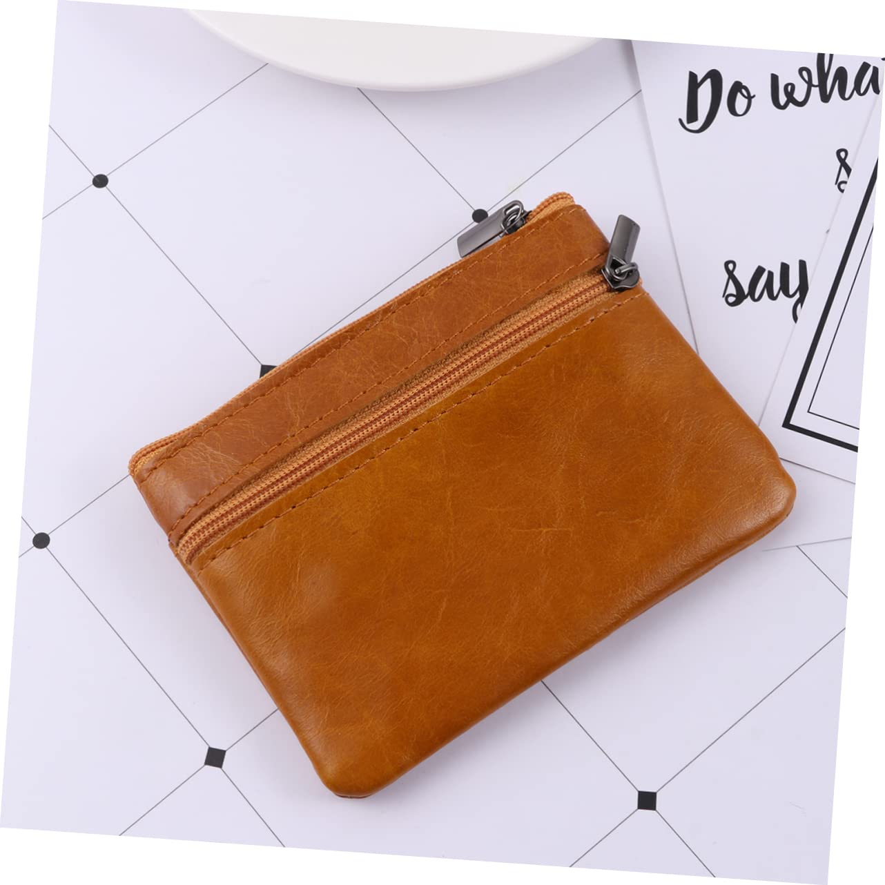 FOMIYES Unisex Mini Leather Wallet with Zipper Closure Compact Credit Holder Coin Purse Durable Light Brown for Daily Use School Shopping and Work