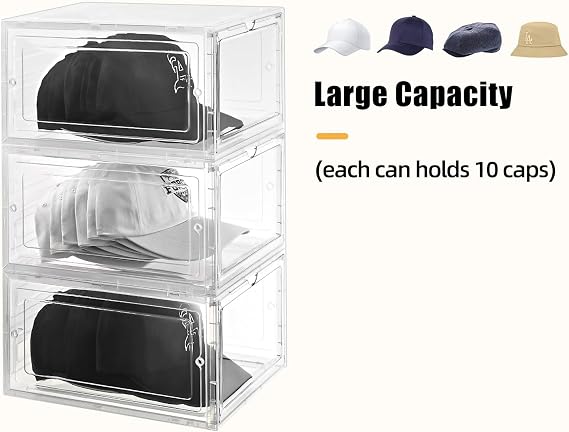 Hat Organizer Box, Clear Baseball Caps Holder, Stackable, Magnetic Door, Dustproof, Modern Style, Holds 40 Hats (Clear, 4 Pack)