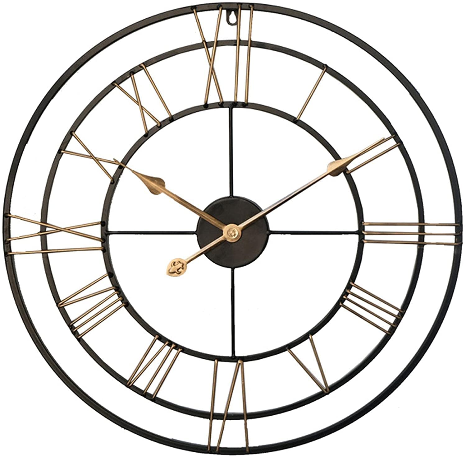 XJBTBA Vintage duży zegar ścienny 60 cm okrągły metalowy cichy, nie tykający na baterie czarne cyfry rzymskie zegary do domu, biura, wnętrz i na zewnątrz wystrój ogrodu srebrny