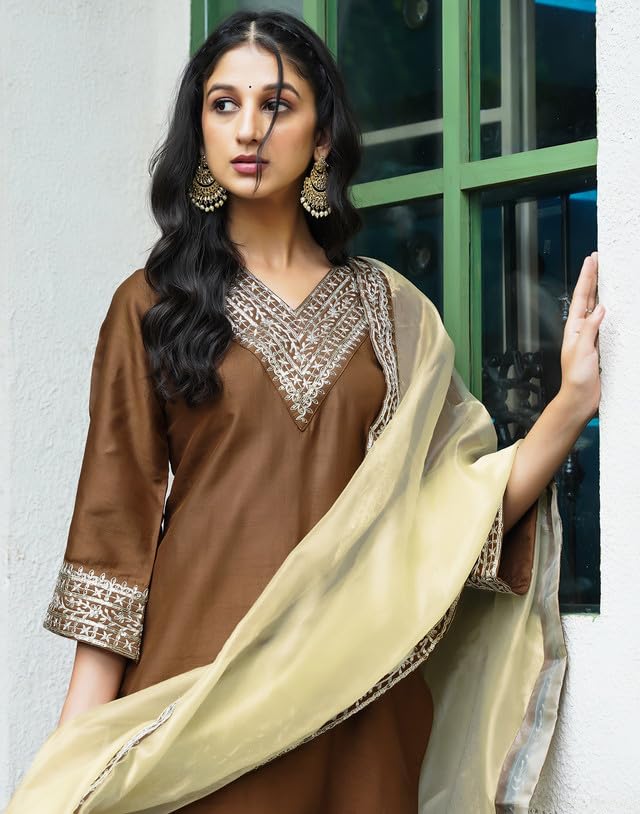 Image of SKYLEE Women's Embroidery Silk Blend Straight Kurta Set with Dupatta