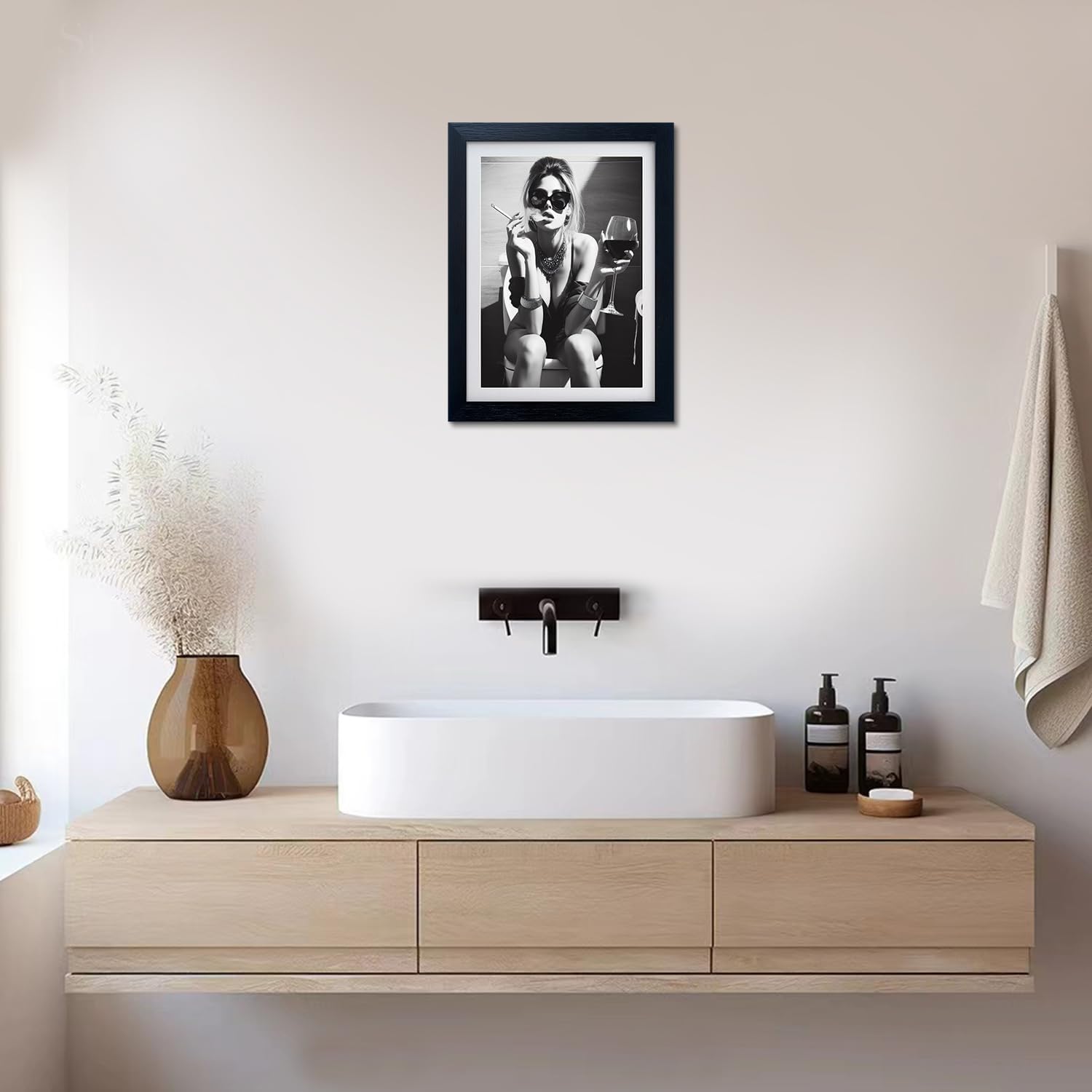 Framed Girl on Toilet Wall Art Woman on Toilet Smoking and Drinking Wine Artwork Black and White Bathroom Wall Art Funny Retro Woman Room Decor Bathroom Canvas Print