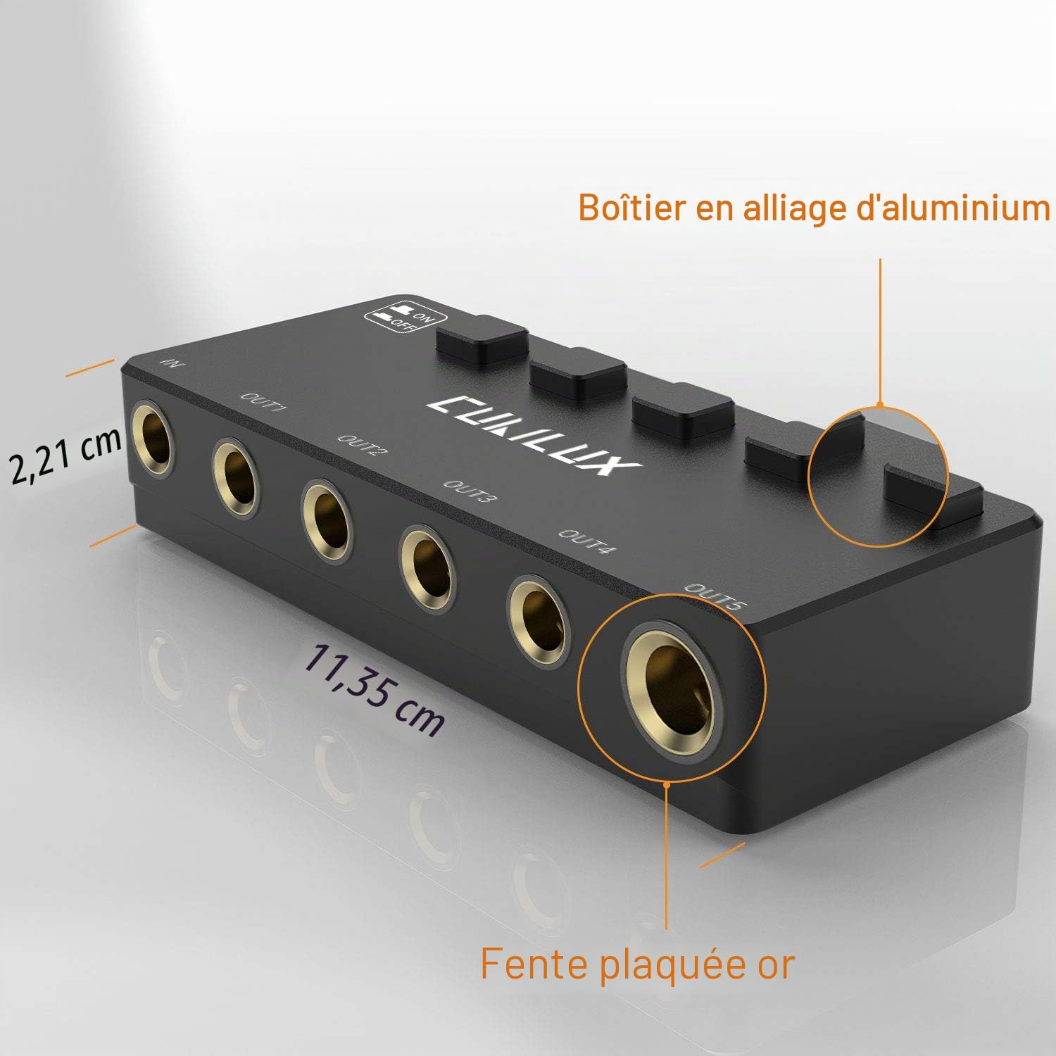Cubilux Répartiteur Audio Stéréo 6,35mm 5 Voies avec Interrupteur, Boîtier Passif Multi AUX 1/4” TRS pour Casque, Enceinte, Guitare, Clavier, Pédale, Studio ou Scène