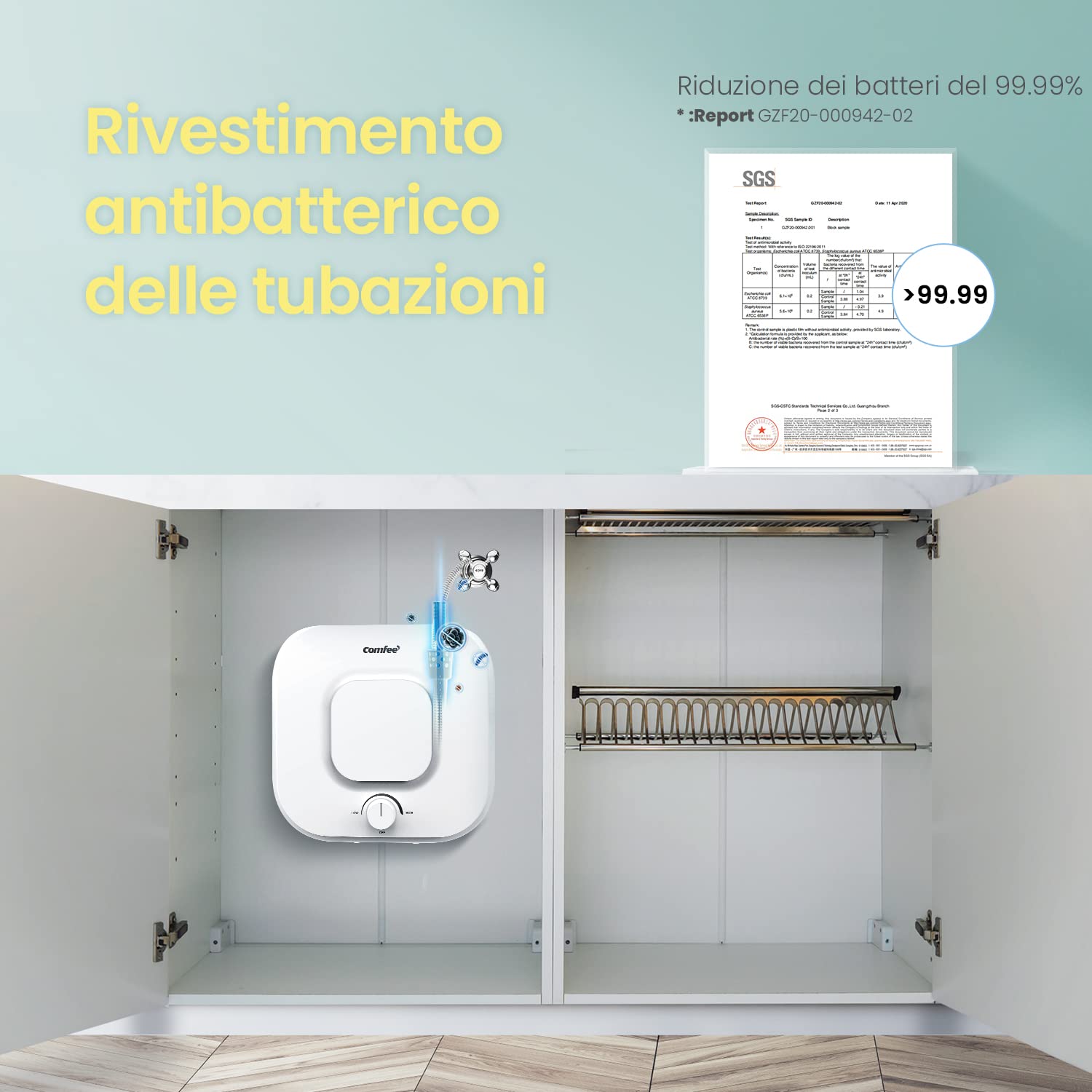 COMFEE' Scaldabagno Elettrico D15-15Veu Sottolavello Con Vano Contenitore Leggero, Compatto, Facile Da Installare Ideale Per Piccole Utenze Classe Di Efficienza Energetica B, Bianco, 15 Litri