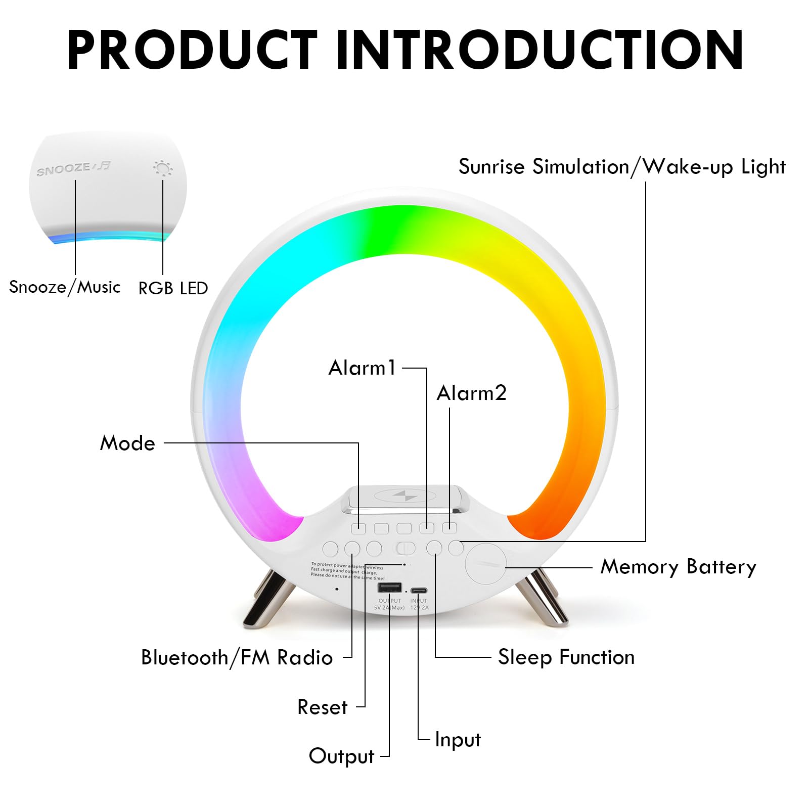 Cuteefun Wake Up Light, Sveglia All'Alba con Stazione di Ricarica da 15W, Luce Sveglia da Comodino con Altoparlante Bluetooth, Doppio Allarme, Radio FM, Oltre 10 Colori di Luce Regolabili, Bianco