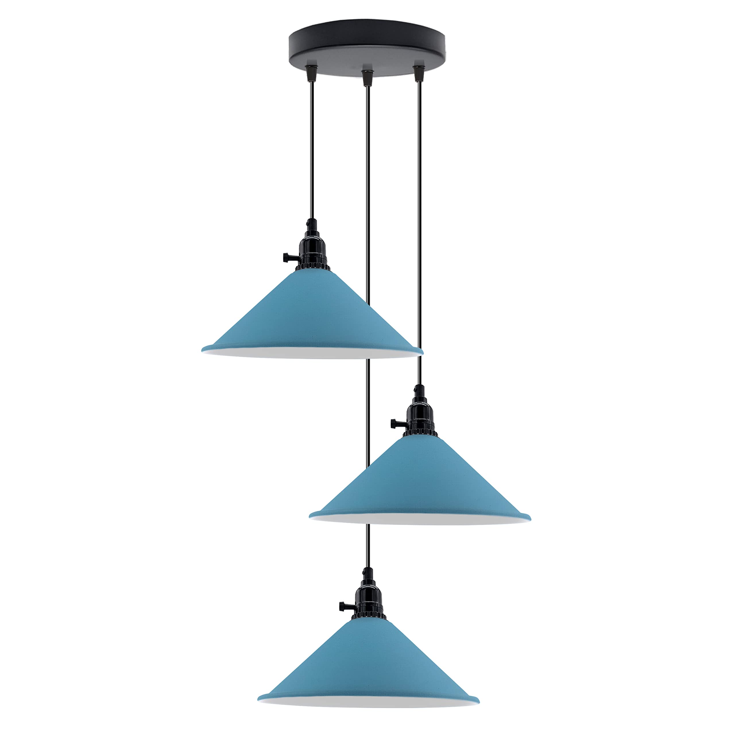 DC VOLTAGE 3 Way 22cm Cluster Ceiling Pendant Light E27 Base Blue Metal Cone Shaped Light Shade Hanging with Adjustable Hight for Loft Bar Cafe Dining Room Kitchen