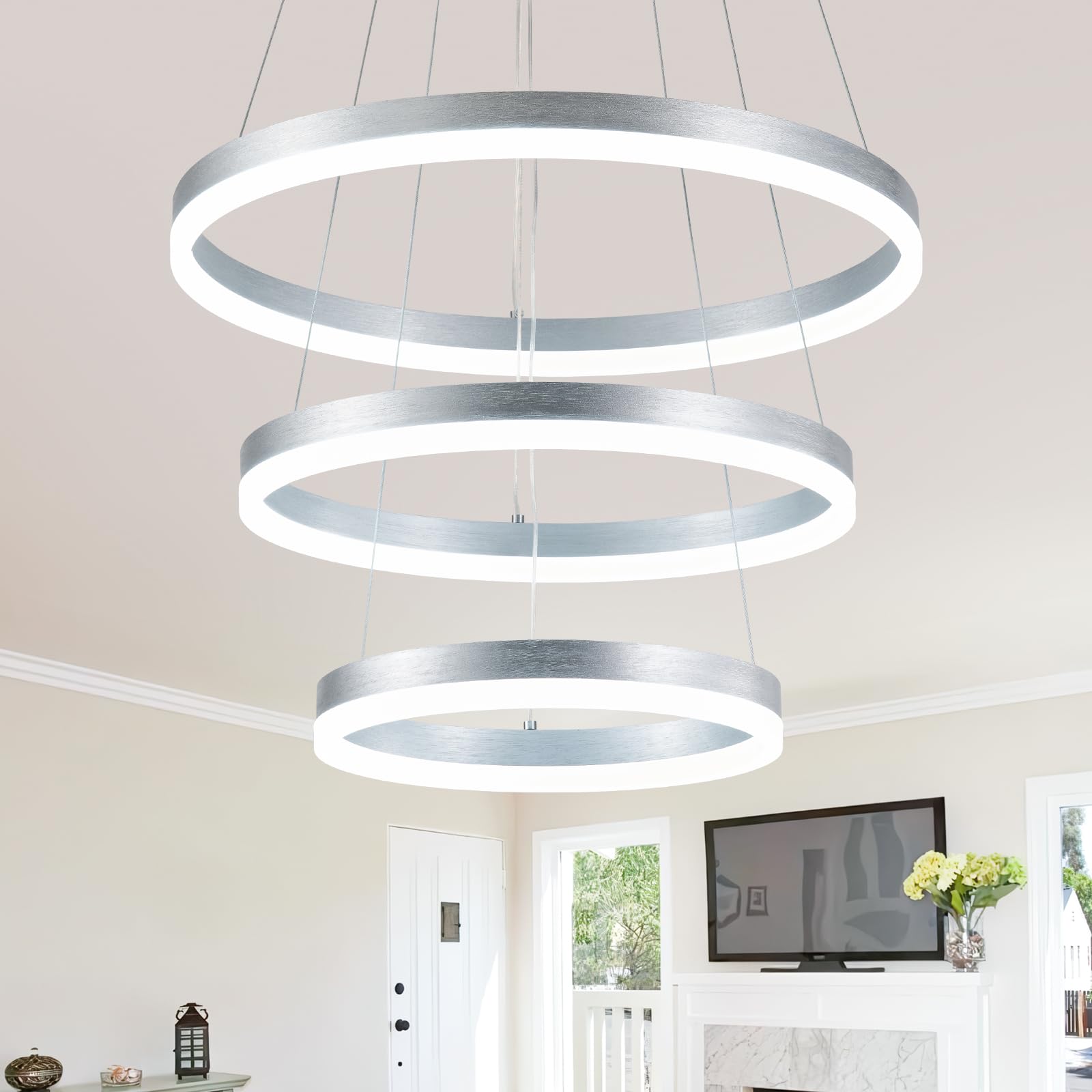 Buccleuch Dimmable 3-Ring LED Chandelier, Height Adjustable Modern Silver Pendant Light, ETL-Certified Flush Mount Acrylic Ceiling Light for Dining Room Living Room Bedroom Foyer, 3000K-6500K