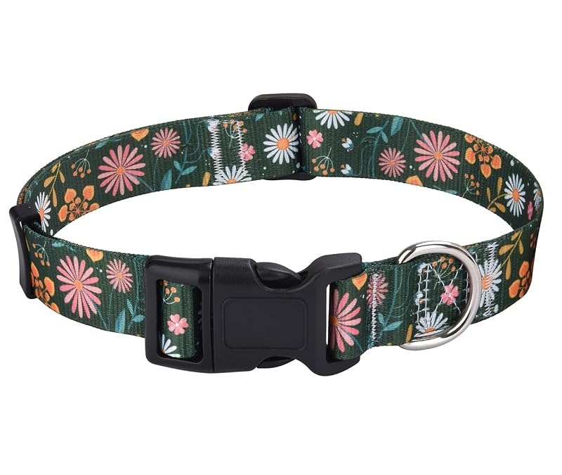 Coleira para Cães Grandes em Poliéster com Estampa Floral Mihqy Dark Green Flower, Tamanho L