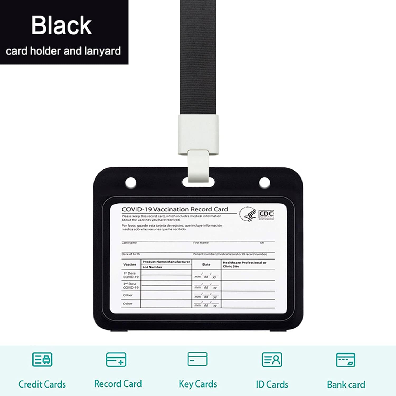 DSJIFGEW ID Badge Holder(3-Pack), Plastic Business ID Card Wallet Case, CDC Vaccine Card Protector Holder, Vaccination Immunization Sleeve with Detachable Lanyards - 3X4 Inch (Black)