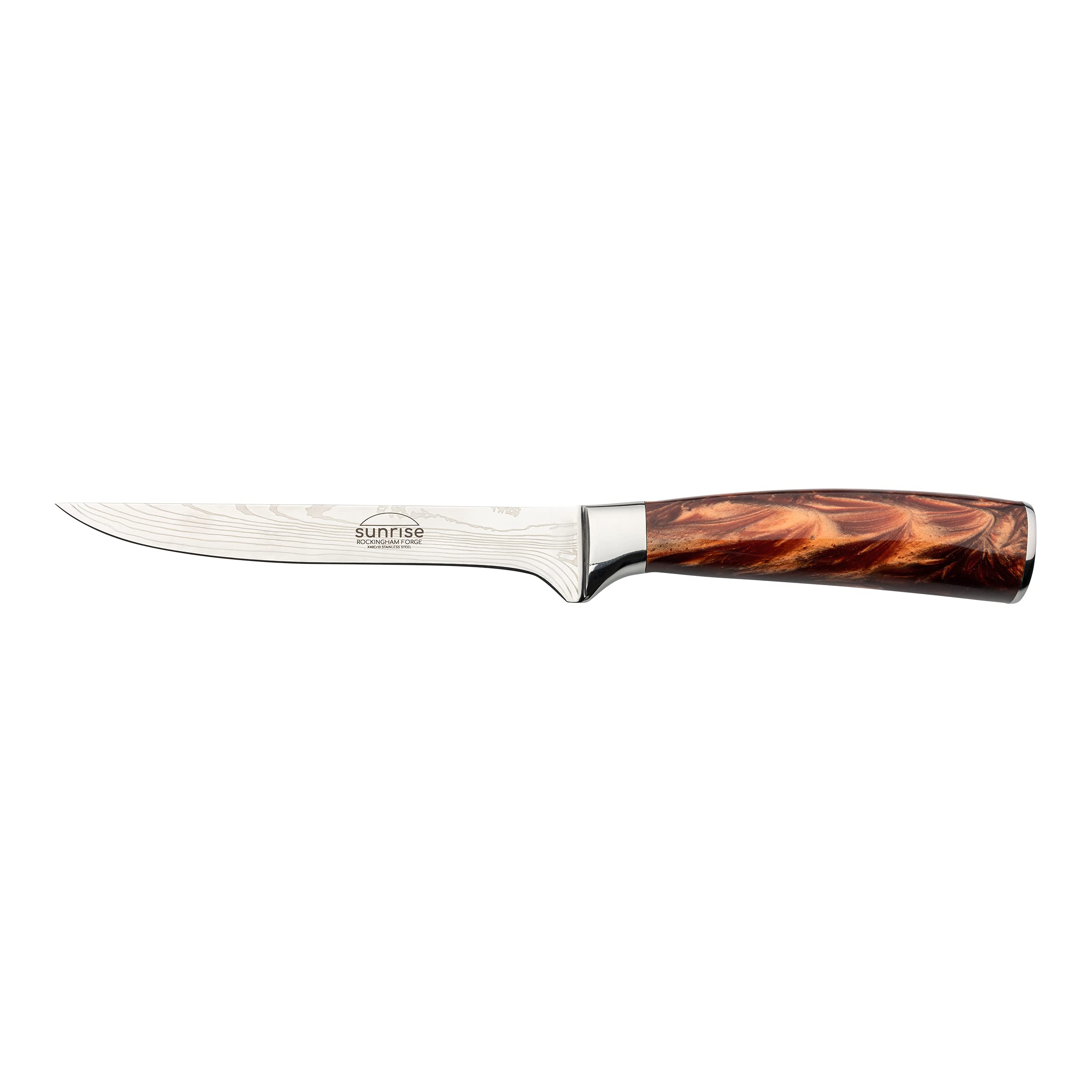 Rockingham ForgeSunrise Collection, 6" Boning Knife, Stainless Steel with Resin Handle, Amber Brown