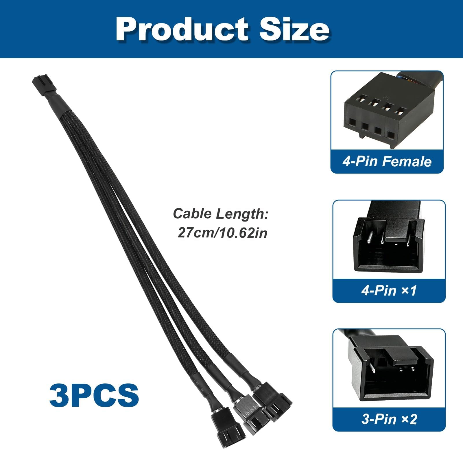 3 Pack Cable Divisor PWM 1 a 3 Vía 4 Pines, Cable Splitter PWM de 4 Pines para Ventilador PC, Splitter para Divisor de Ventilador con Funda Trenzada, Convertidor 1 a 3 para Computadora de Escritorio