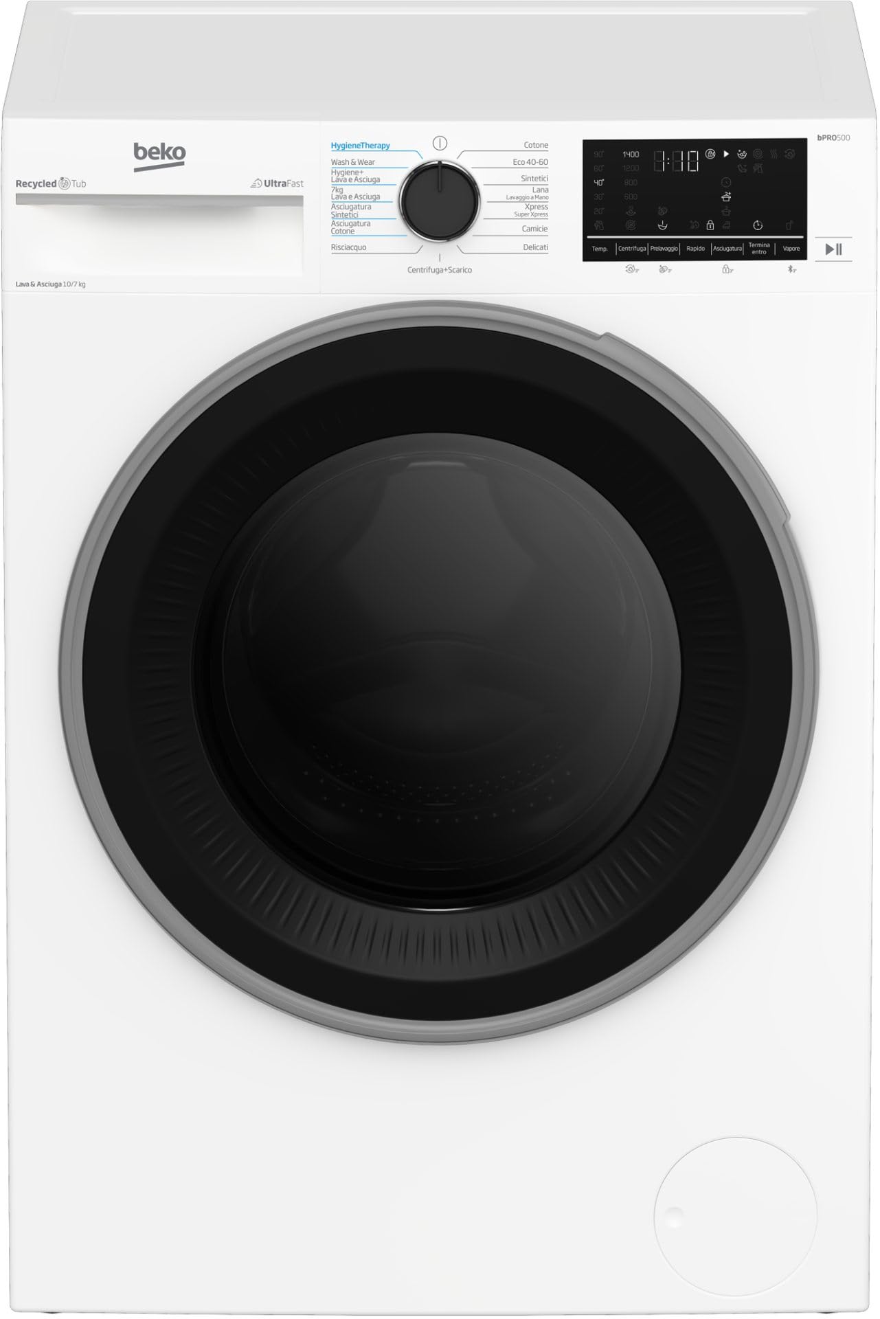 Beko - BDT510744S - Lavasciuga Standard, 10/7Kg, 1400giri, Classe D/A, display touch, Motore Inverter, funzione a vapore, cassetto detersivo autopulente, vasca in plastica PET riciclata