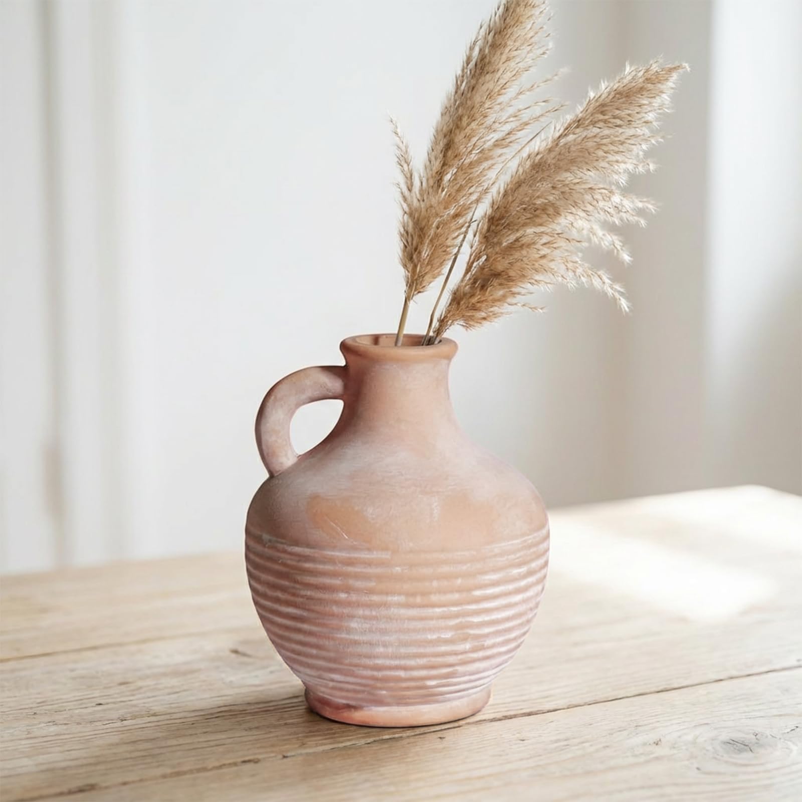 Ceramic Flower Vase with Handle, 6 inch Rustic Terracotta Vase, Vintage Clay Pottery, Farmhouse Decor, House Decorations for Home, Living Room,