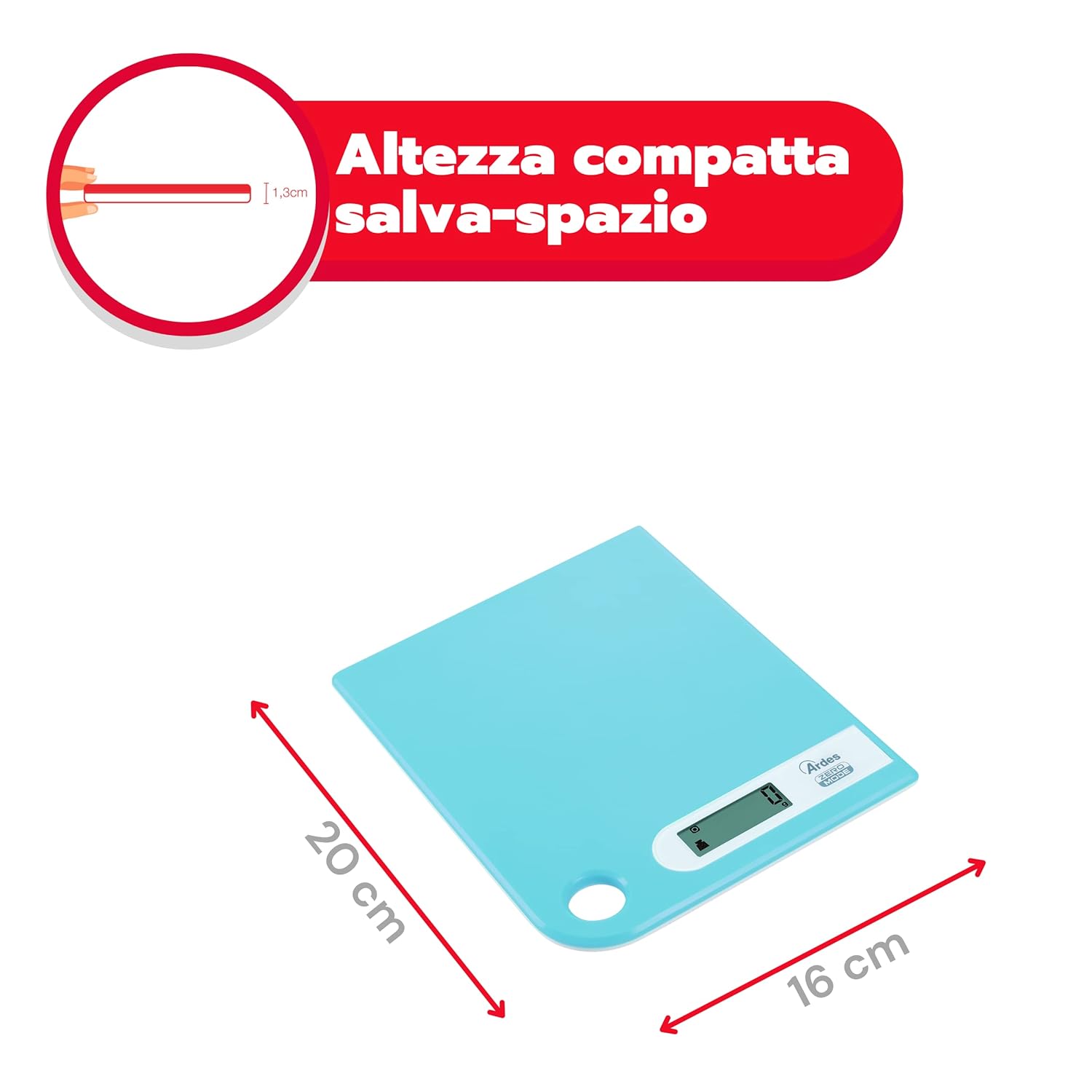 Ardes kitchen scale dimensions showing 20cm length, 16cm width, and 1.3cm thickness
