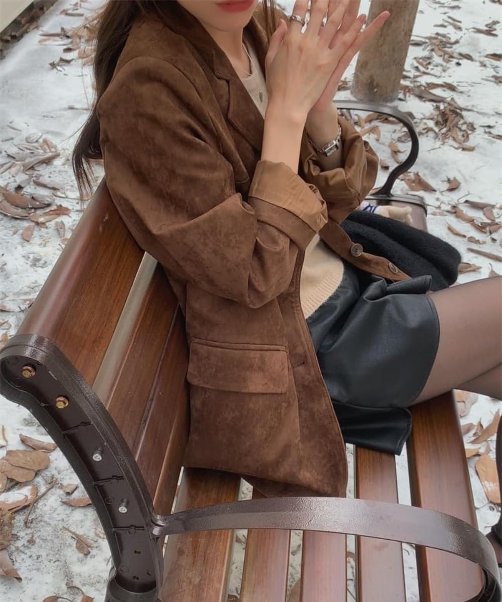 RICHTRUE Old Money Aesthetic Winter Brown Faux Leather Jacket Women Fall Fashion 2025 Trendy Suede Jacket Y2k Outerwear