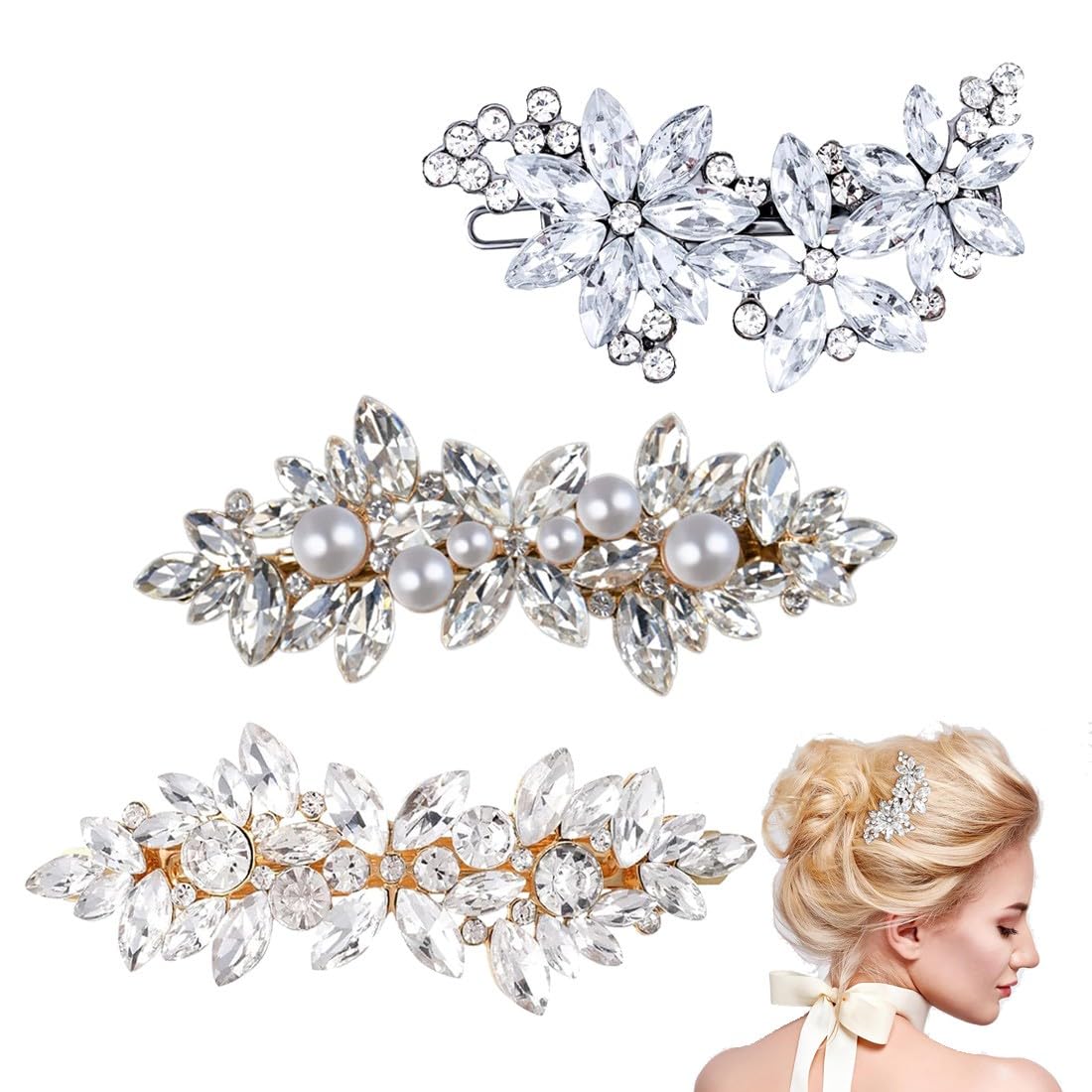 Ouligay Set 4 Fermagli Per Capelli Argento Con Strass E Perle - Forcine Da Sposa Per Matrimonio E Damigelle