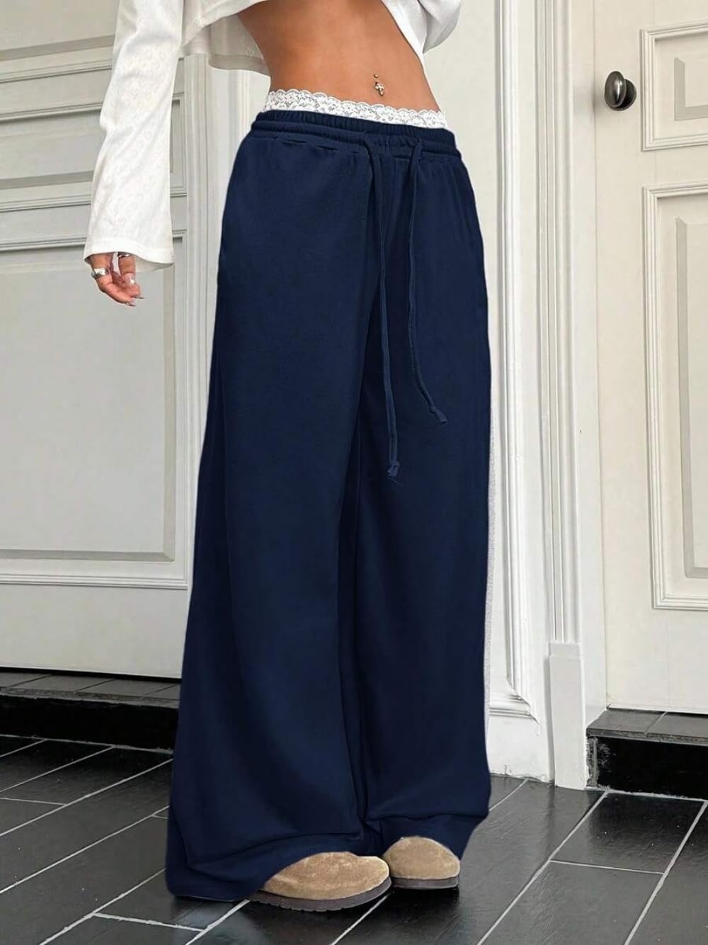 ZAFUL Women's Wide Leg Sweatpants Casual Lace Trim Drawstring Workout Joggers Y2K Baggy Lounge Pants - Image 6