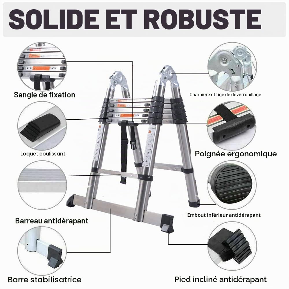Échelle Télescopique Extensible de 2,5 m+ 2,5 m, Échelle Extensible Échelle Piante en Acier Inoxydable - Cadre en A - avec stabilisateur - 8 + 8 Étapes, Charge maximale 150 kg