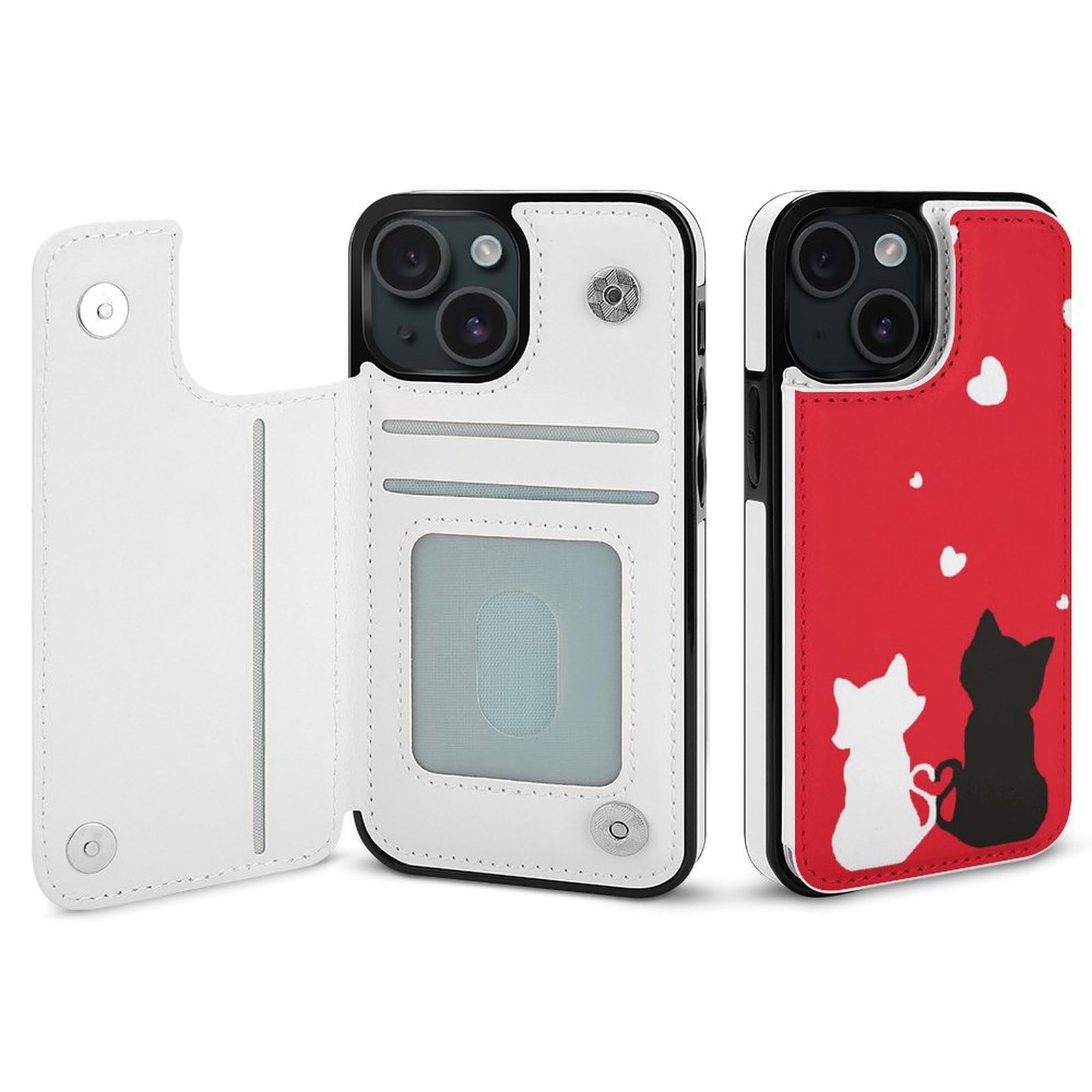 Amazon.co.jp: iPhone 15ケース 手帳型 黒猫と白猫 ハート 赤いの背景 